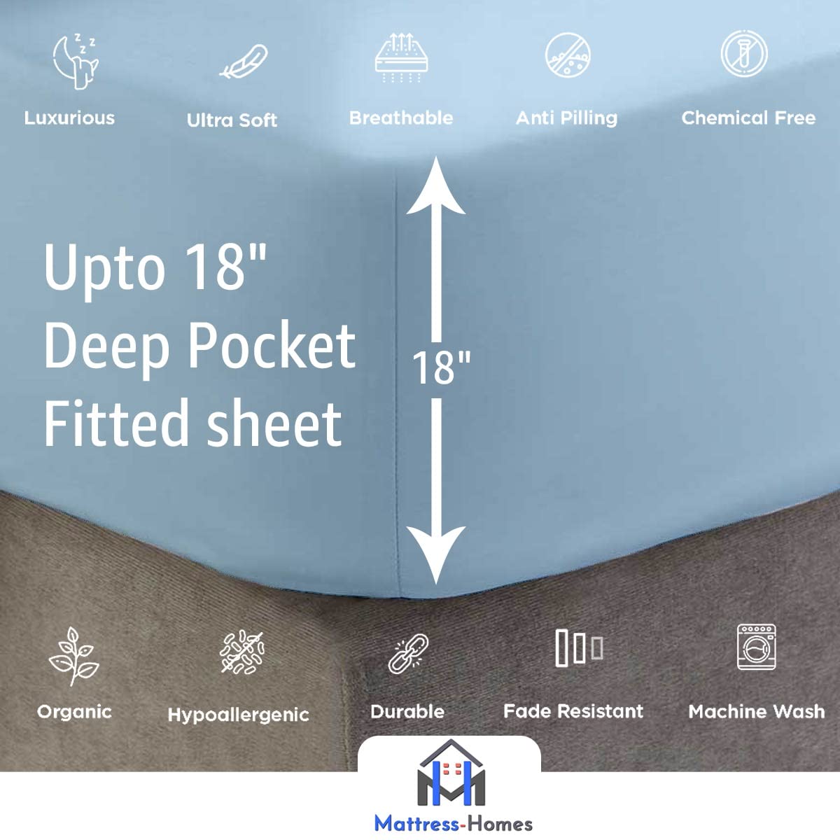 Split King Sheet Set 7-Piece - 100% Long Staple Combed Cotton 600 Thread Count - Light Blue Solid - Fits Adjustable Beds - Ultra Soft Breathable Bedding for Master Bedroom, Guest Room & Luxury Hotels