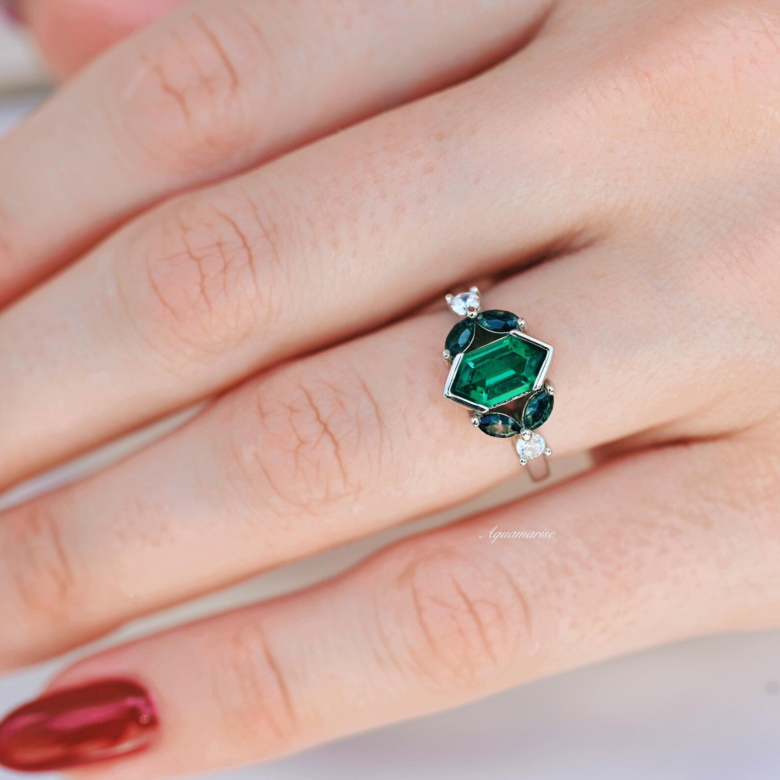 Hexagon Emerald & Moss Agate Leaf Ring - Sterling Silver Jewelry for Women, Nature-Inspired Bohemian Style, Perfect for Weddings & Everyday Wear