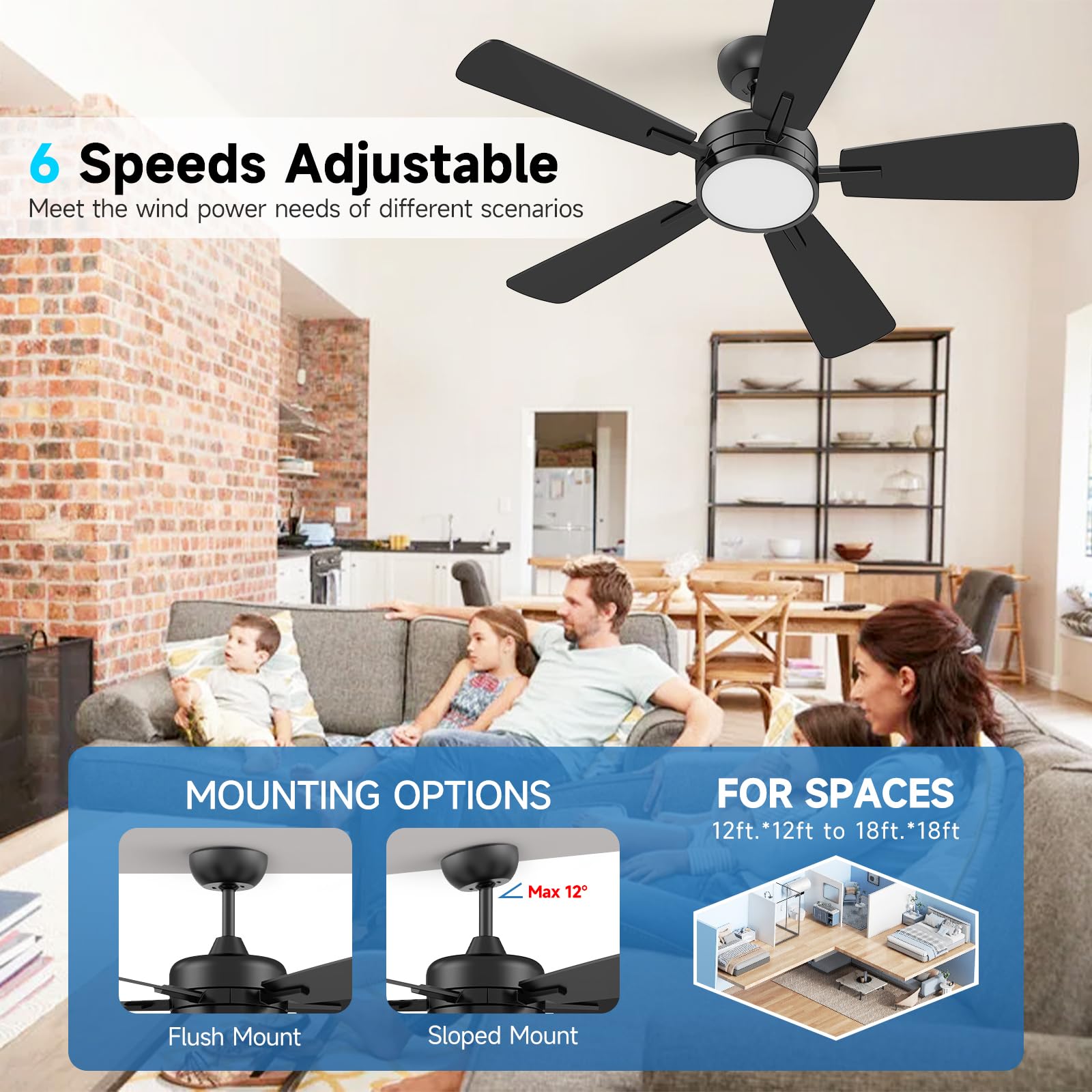46 Inch Ceiling Fan with Lights and Remote Control - Ultra Quiet Reversible DC Motor, Dimmable LED Backlight, High Airflow for Large Rooms - Perfect for Living Room, Bedroom, and Office (Black)