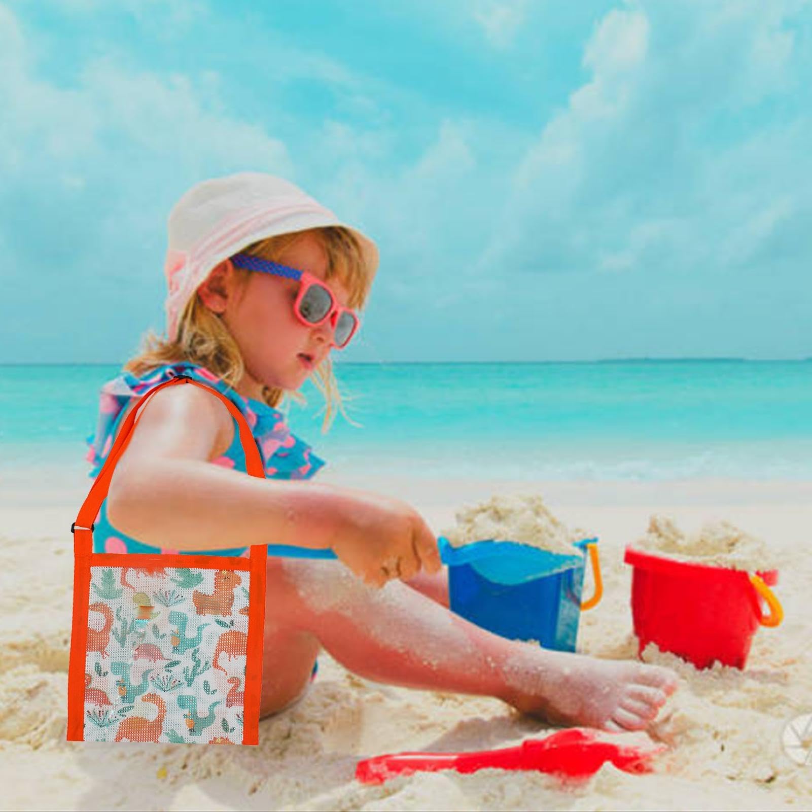 GEUGECY Kids Mesh Beach Bag - Colorful Sand Toys & Shell Shoulder Bag, Foldable Seashell Collecting Net Bag for Boys & Girls - Perfect for Beach Trips, Poolside Fun, and Outdoor Adventures