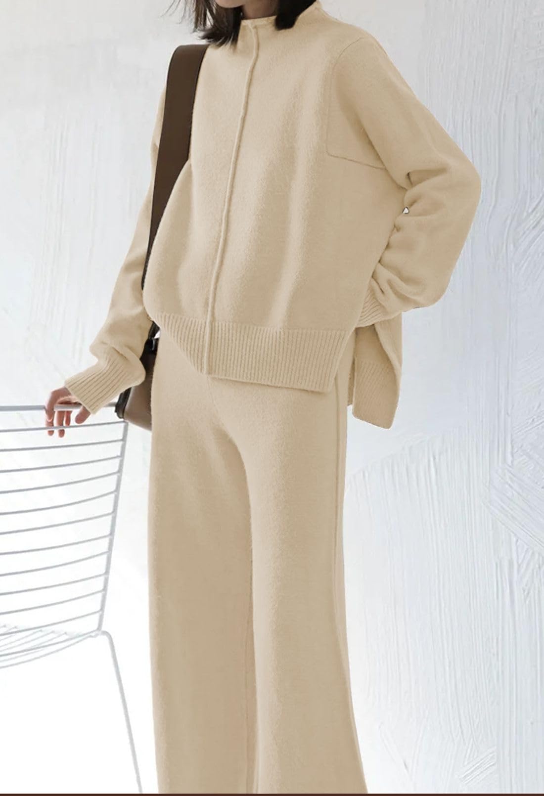 Linsery Women's 2-Piece Knit Sweater and Wide Leg Pants Lounge Set - High Neck Pullover & Comfortable Sweatpants Outfit for Casual Wear, Home, and Relaxation