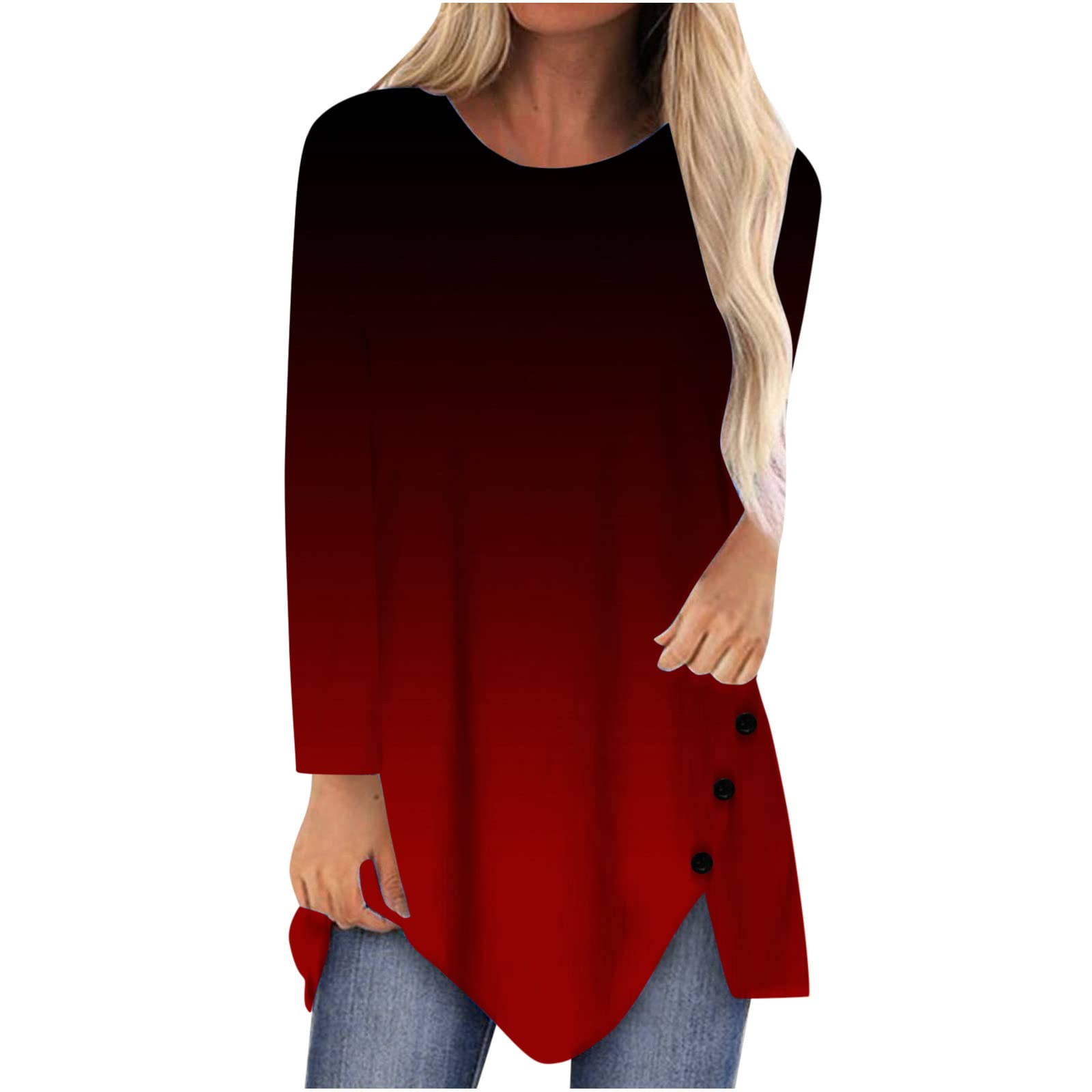 YZHM Women's Casual Long Sleeve T-Shirt - Round Neck Gradient Printed Pullover Button Down Loose Oversized Tunic Top for Everyday Wear, Work & Weekend Outfits