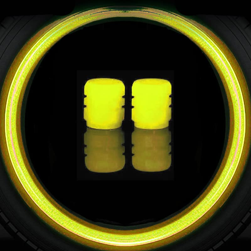 Glow in Dark Tire Valve Caps - Universal for Car, Truck, SUV & Bike (Yellow, 2 Pack) - Night Safety Accessories
