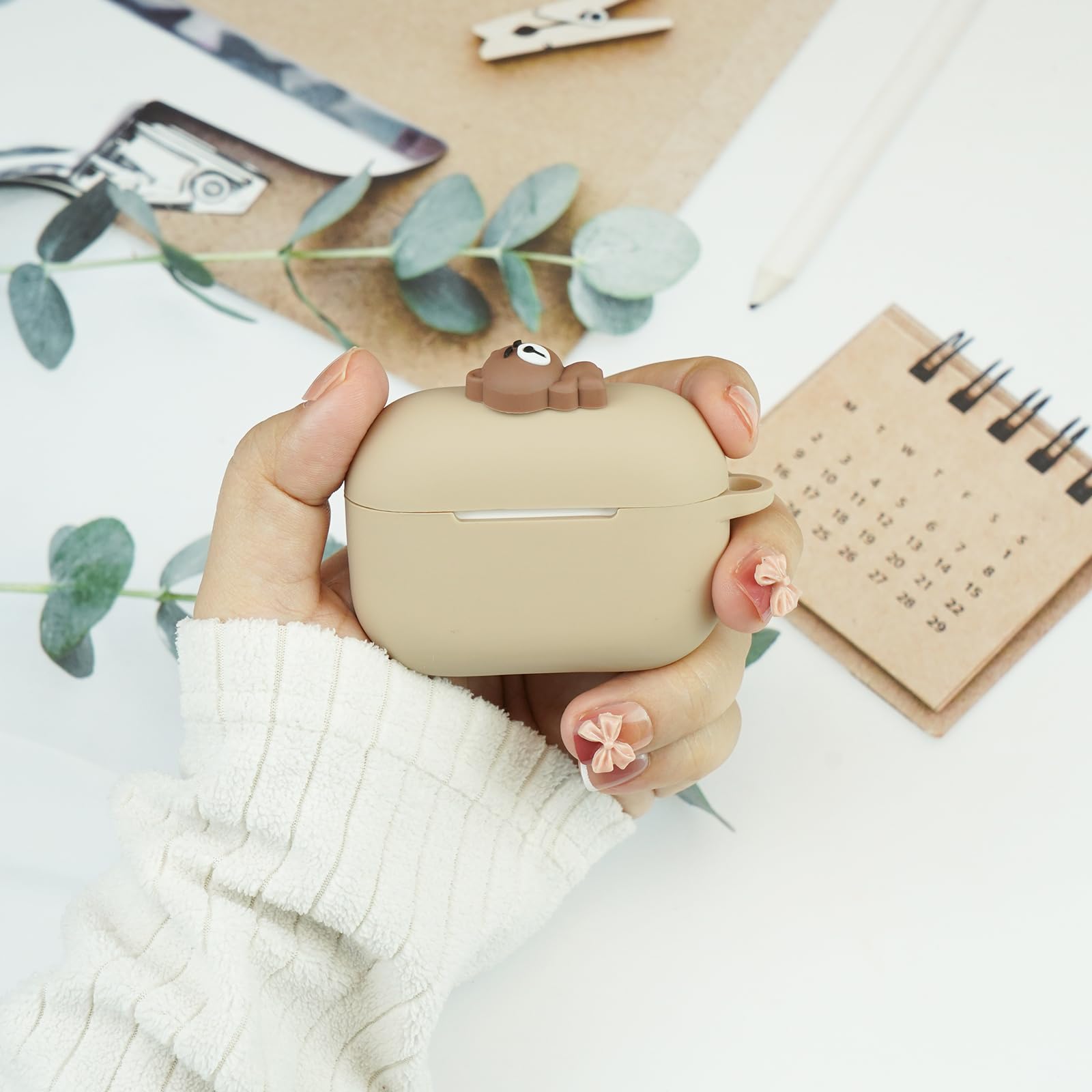 Cute Kawaii AirPods Pro Case with Keychain - Khaki Bear for Women | Travel & Daily Use