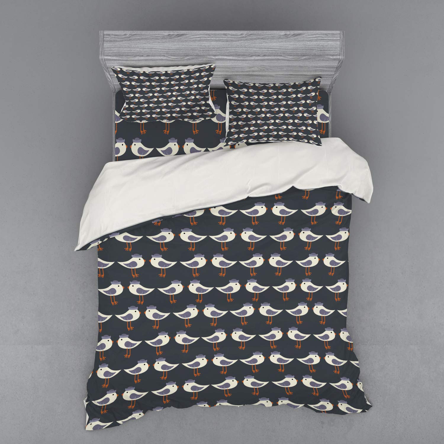 Ambesonne Birds Duvet Cover Set - Queen Size 4-Piece Bedding with Shams & Fitted Sheet | Cartoon Birds in Hats Funny Animal Print Retro Pattern | Perfect for Kids' Rooms, Guest Bedrooms & Whimsical Home Decor