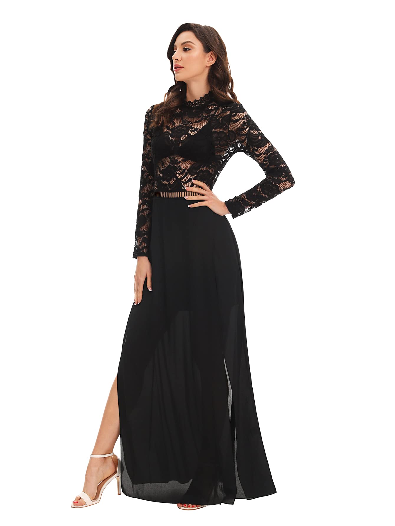 SweatyRocks Women's Sexy Sheer Lace Long Sleeve Split Maxi Cocktail Dress for Evening Party, Formal Events & Special Occasions