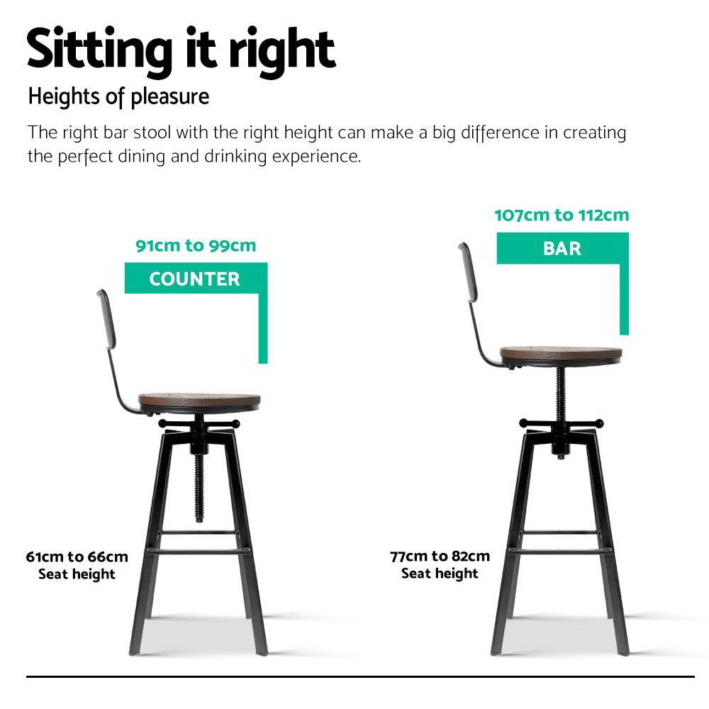 Artiss Adjustable Wood Bar Stools with Backrest - Kitchen Island & Counter Height Stools for Home & Restaurant Use