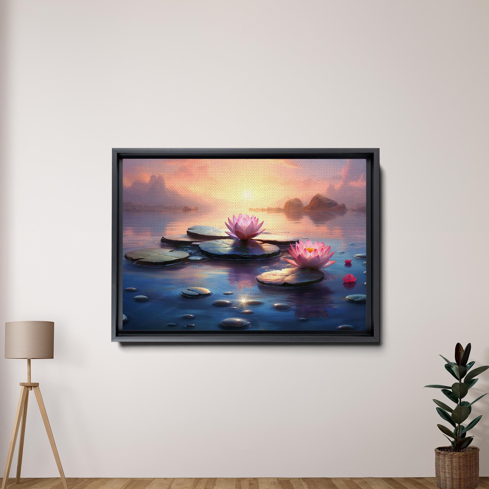 Zen Wall Art Decor - Framed Canvas Zen Garden with Stone Flower & Peaceful Water Sunset Meditation Print - Yoga Room Decor, Home Office Scenery Wall Hanging for Relaxation & Mindfulness Spaces