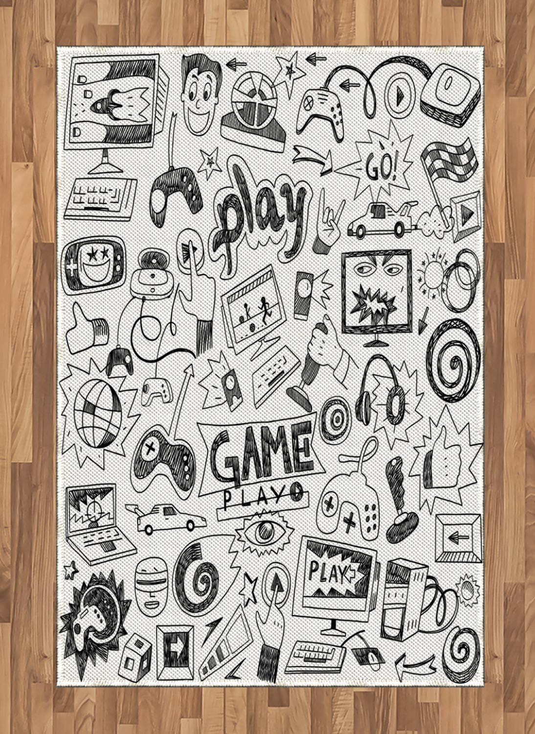 Ambesonne Video Games Area Rug - Monochrome Sketch Gaming Design with Racing Monitor for Teens, 90's Retro Style, 4' x 5' 7