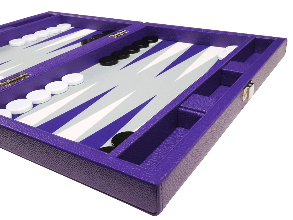 Premium 13-Inch Travel Backgammon Set - Purple Game Board with Grey Field & White/Purple Points | Portable Board Game for Camping, Beach, Picnics & Family Game Nights