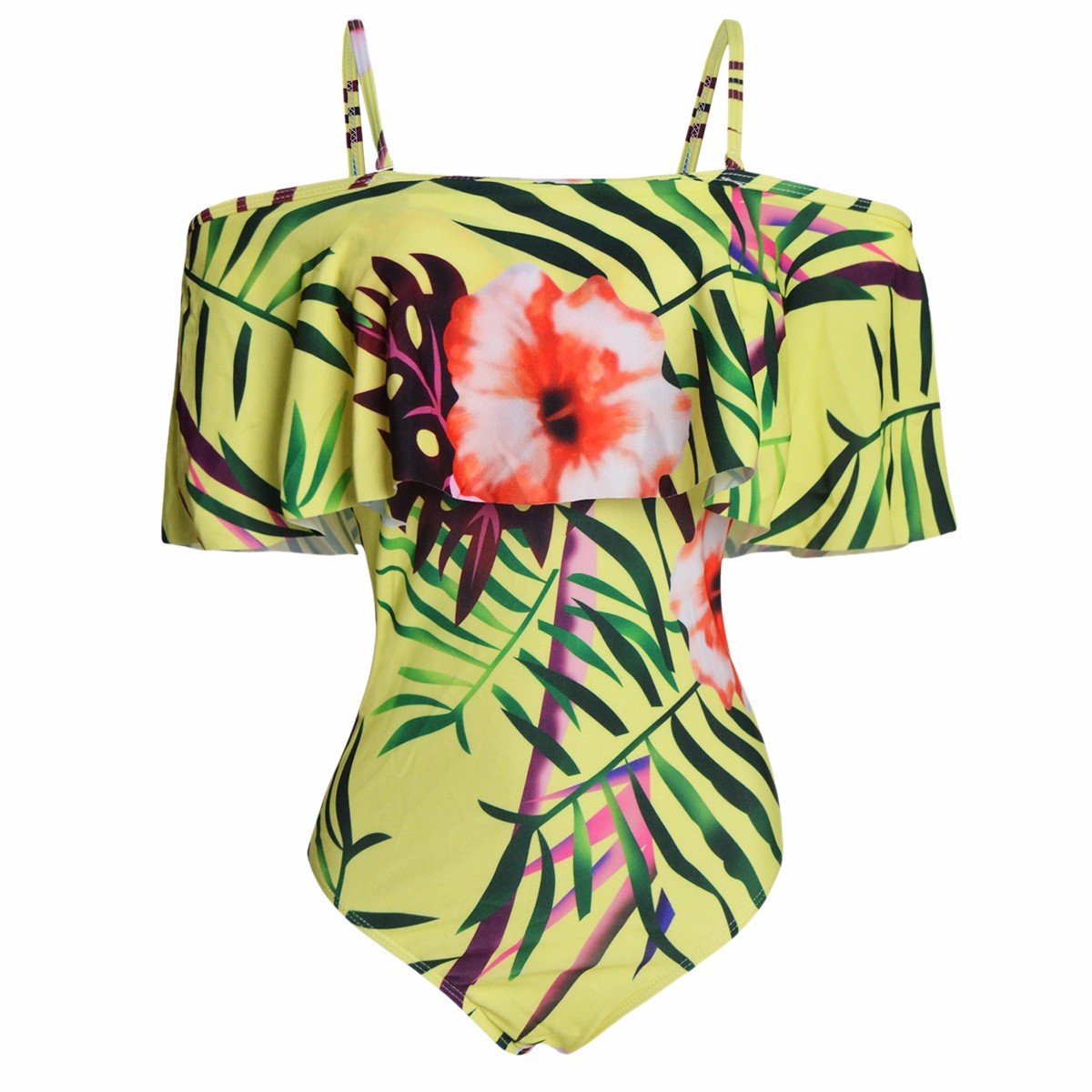 SquareGarden Women's One Piece Swimsuit - Tropical Leaf Print Off Shoulder Ruffled Monokini Bathing Suit | Beach Vacation, Pool Party, Summer Getaway Swimwear