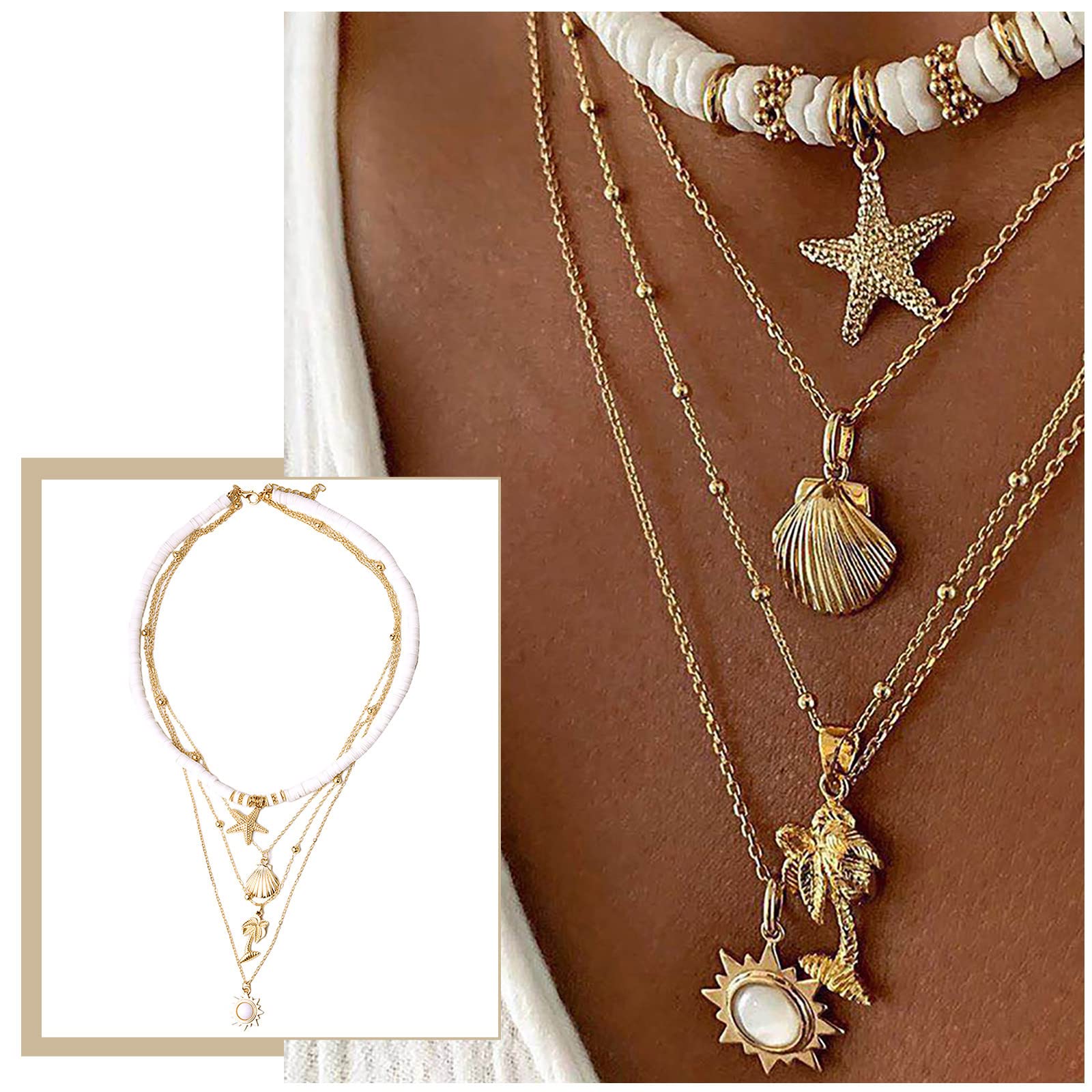 Boho Layered Chain Necklaces for Women - Gold Scallop Seashell Pendant Chunky Necklace in Silver & White | Trendy Layered Jewelry for Everyday Wear, Beach Parties & Birthday Gifts for Women & Girls