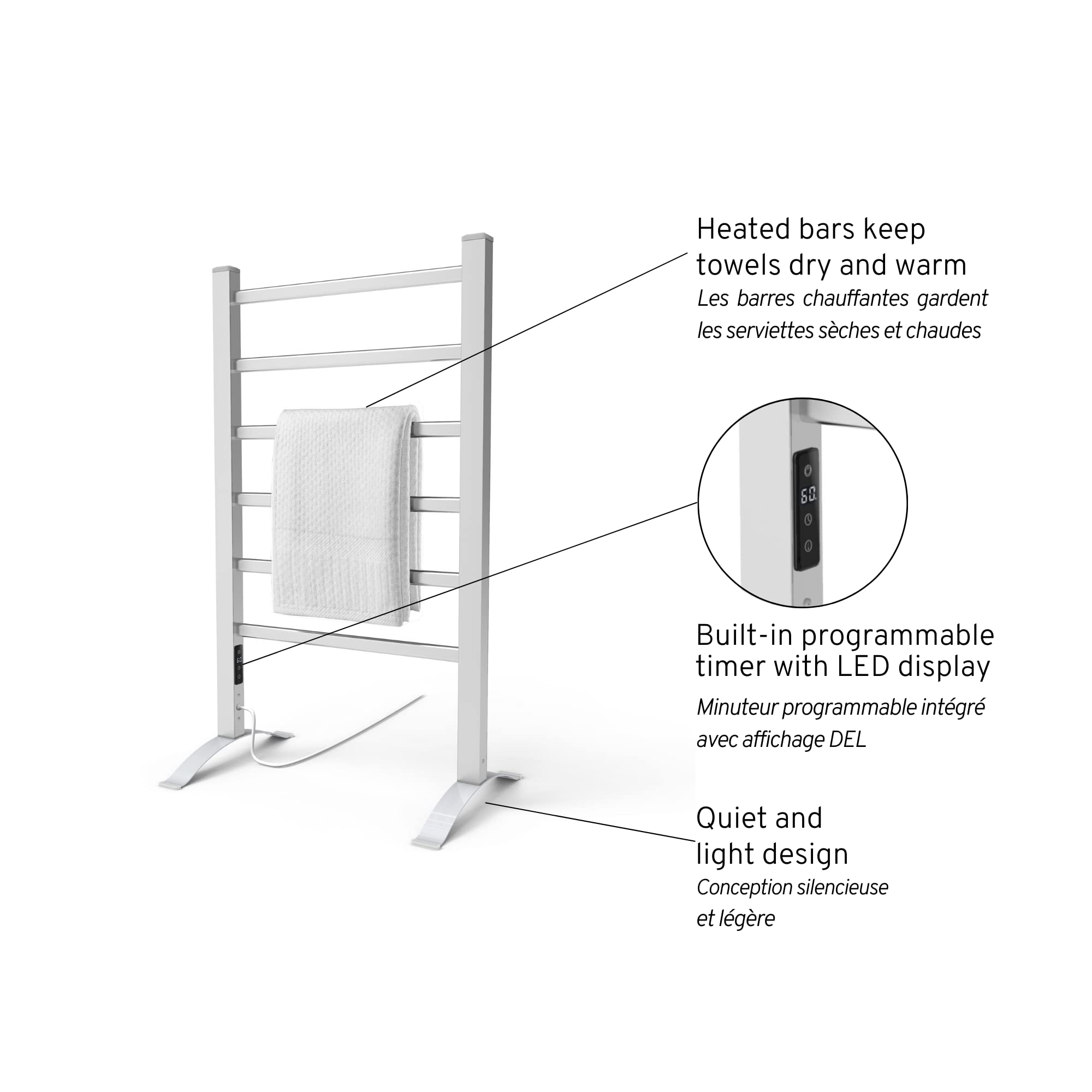 Odass Premium Towel Warmer with Built-in Timer & LED Display - Adjustable Temperature 30-60°C (86-140°F), 6 Aluminum Bars, Freestanding Design - Perfect for Bathrooms, Spas, and Luxury Home Use