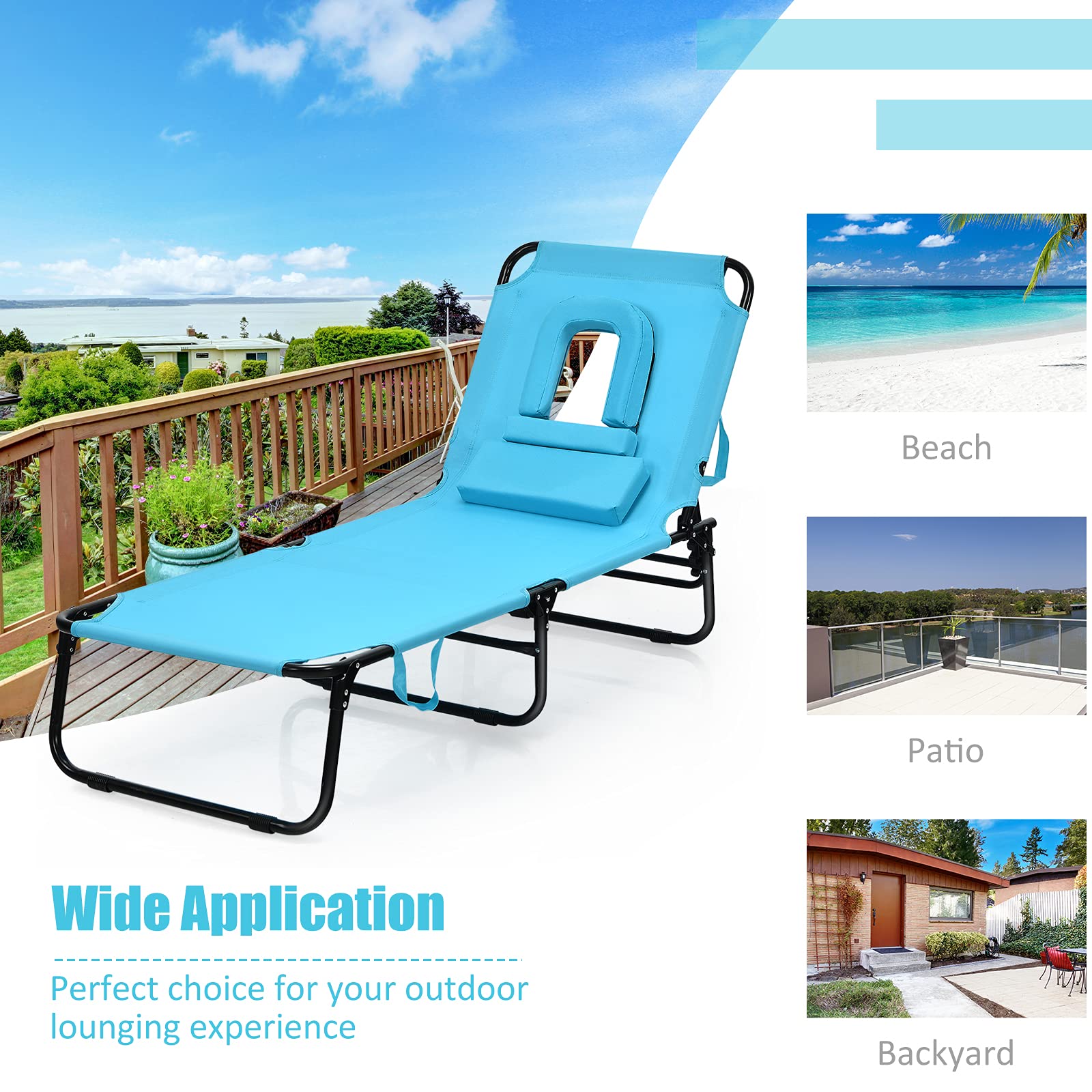 Goplus Folding Chaise Lounge Beach Chair - 5-Position Adjustable Tanning Chair with Detachable Face Hole Pillow, Lightweight & Portable for Poolside, Backyard, Patio, Beach, Camping - Turquoise (2-Pack) | Perfect for Sunbathing, Relaxing & Outdoor Lounging