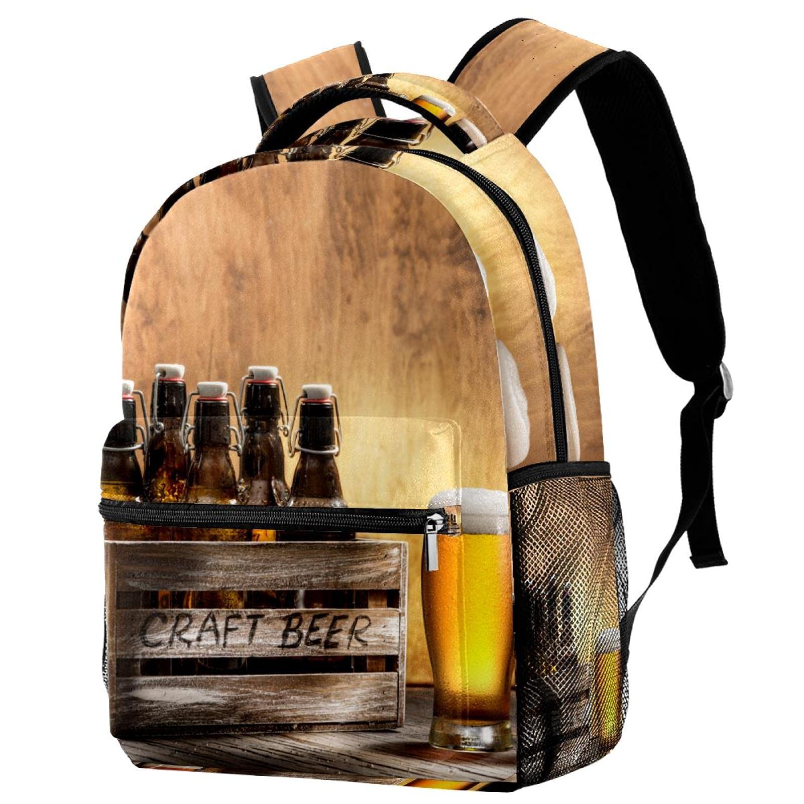 Premium Beer Bottles & Glasses Set with Wooden Background - Durable Backpack for Students, Shoulder Bags for Travel, College School Tote Backpacks - Perfect for Campus Life, Outdoor Adventures & Daily Commute