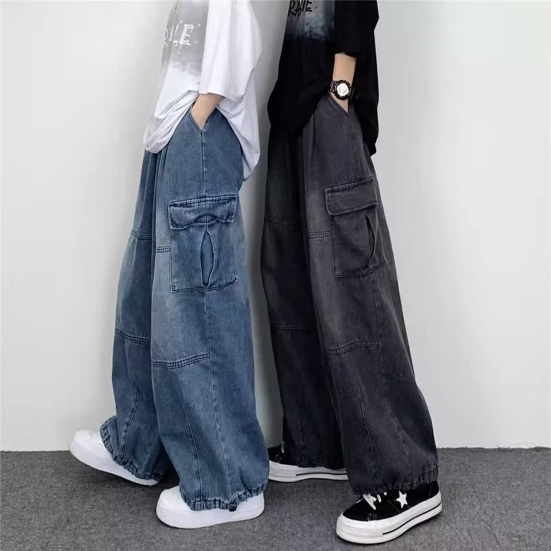 Women's High Waist Cargo Jeans - Y2K Grunge Wide Leg Denim Pants for Emo Goth Alternative Fashion | Fairycore Streetwear Outfit | Perfect for Concerts, Raves & Edgy Daily Wear