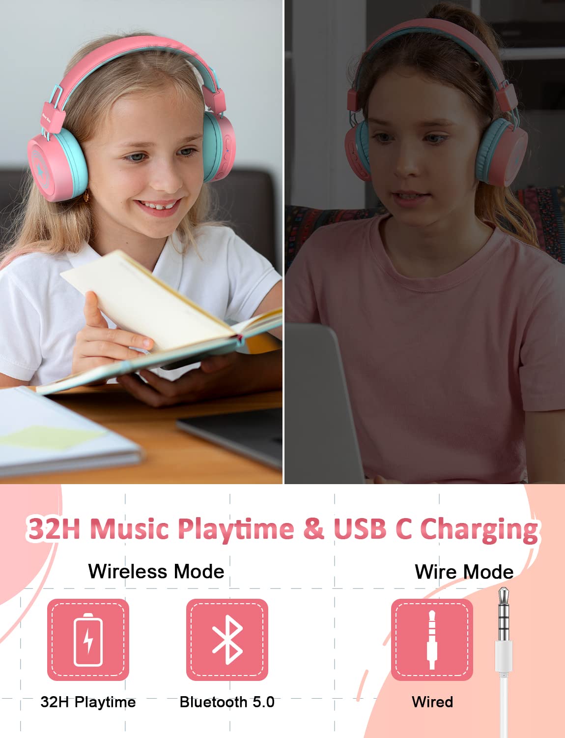 Kids Bluetooth Headphones with Microphone - Wireless On-Ear Headphones for Boys & Girls, Bluetooth 5.0, 32H Playtime, 94dB Volume Limit - Compatible with iPad, Fire Tablet (Pink) - Perfect for School, Online Classes & Travel