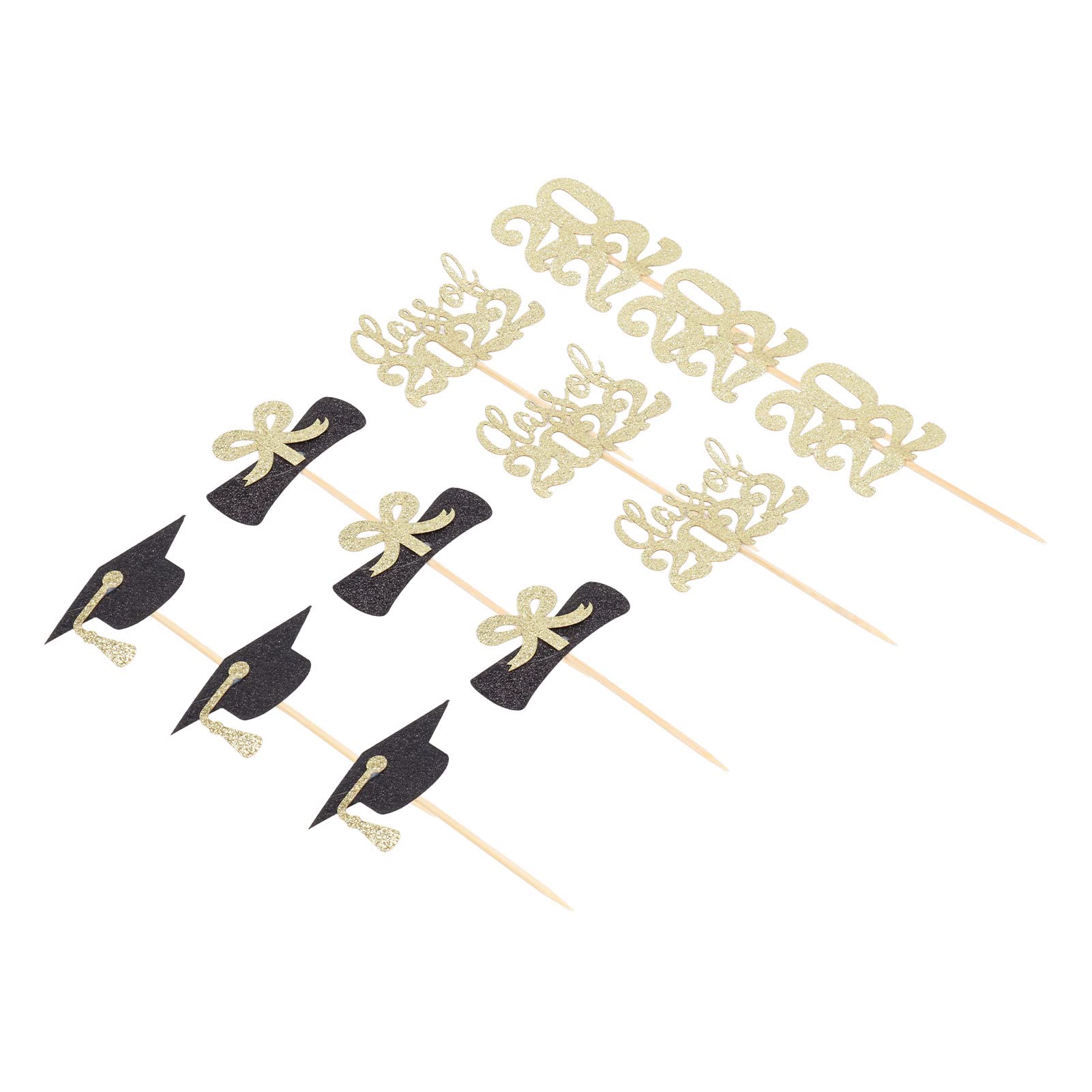 Zerodis Graduation Cupcake Toppers - 9 Sets Black Gold Paper Bamboo Glitter Decorations for 2022 Graduation Parties, DIY Home Baking & School Celebrations