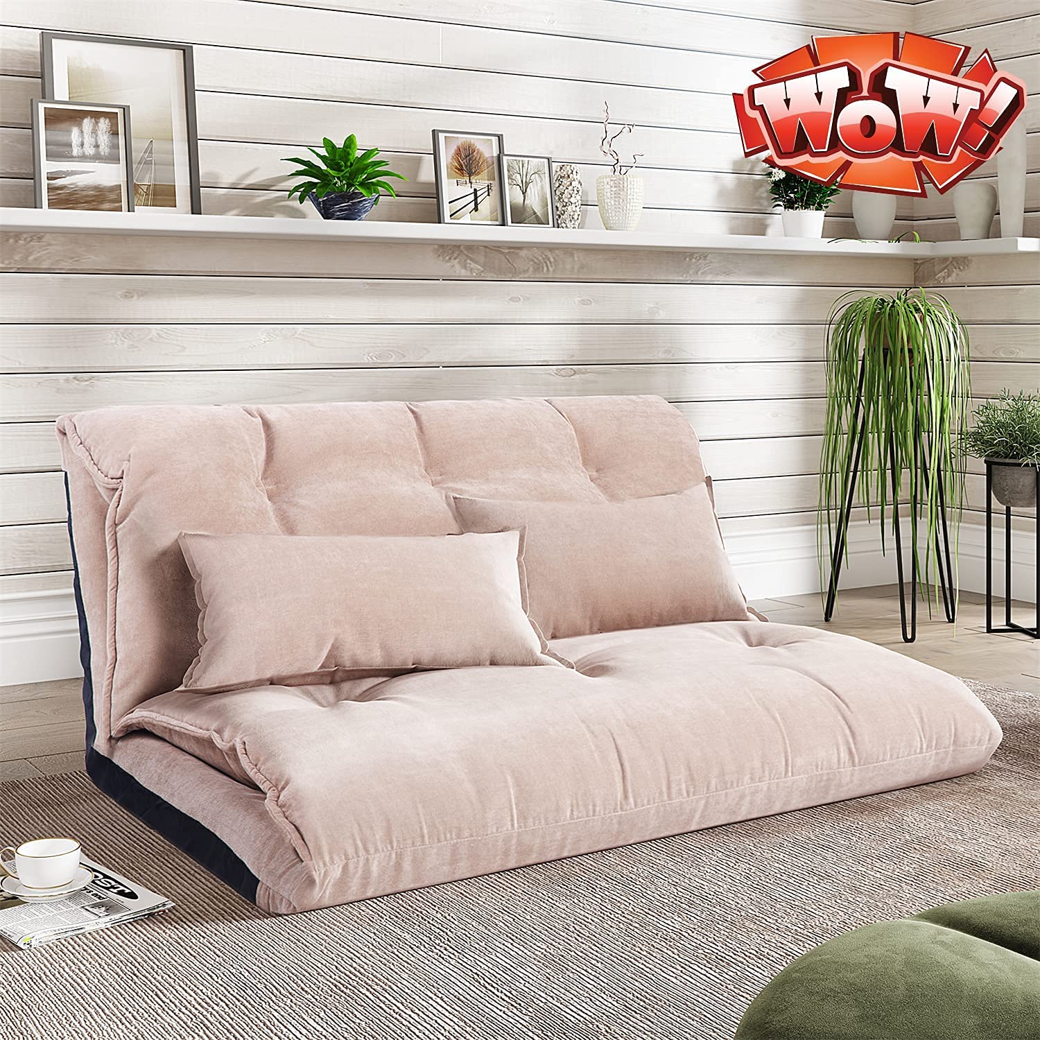 TOEIGEYNR Adjustable Floor Chaise Lounge Sofa Bed - 5-Level Reclining Folding Couch for Living Room, Bedroom, Dorm & Balcony - Comfortable Gaming Chair & Lazy Sofa with 2 Pillows (Beige) - Perfect for Relaxing, Reading & Gaming at Home