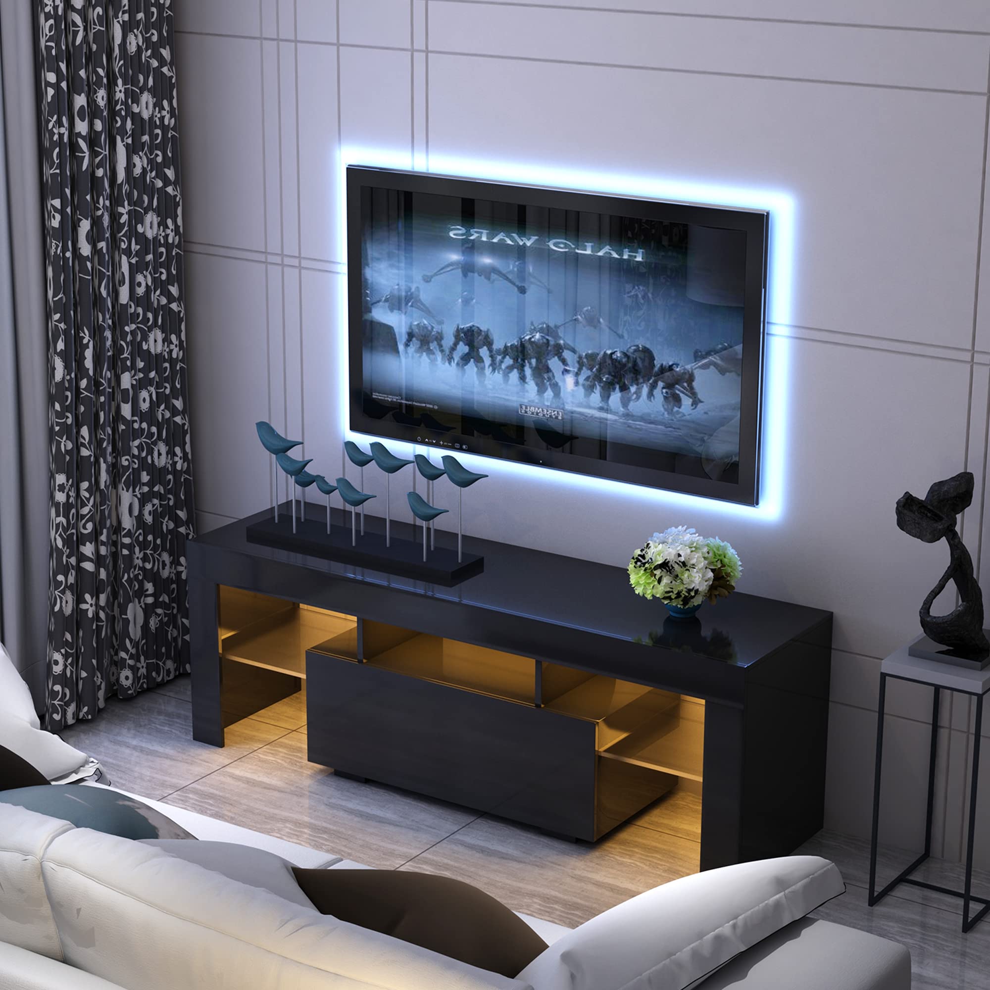 WERSMT Black TV Stand with LED Lights, Modern High-Gloss Entertainment Center for 55-60 Inch TVs - 2 Glass Open Shelves & Storage Drawer | Perfect for Living Room, Bedroom & Home Theater Setup
