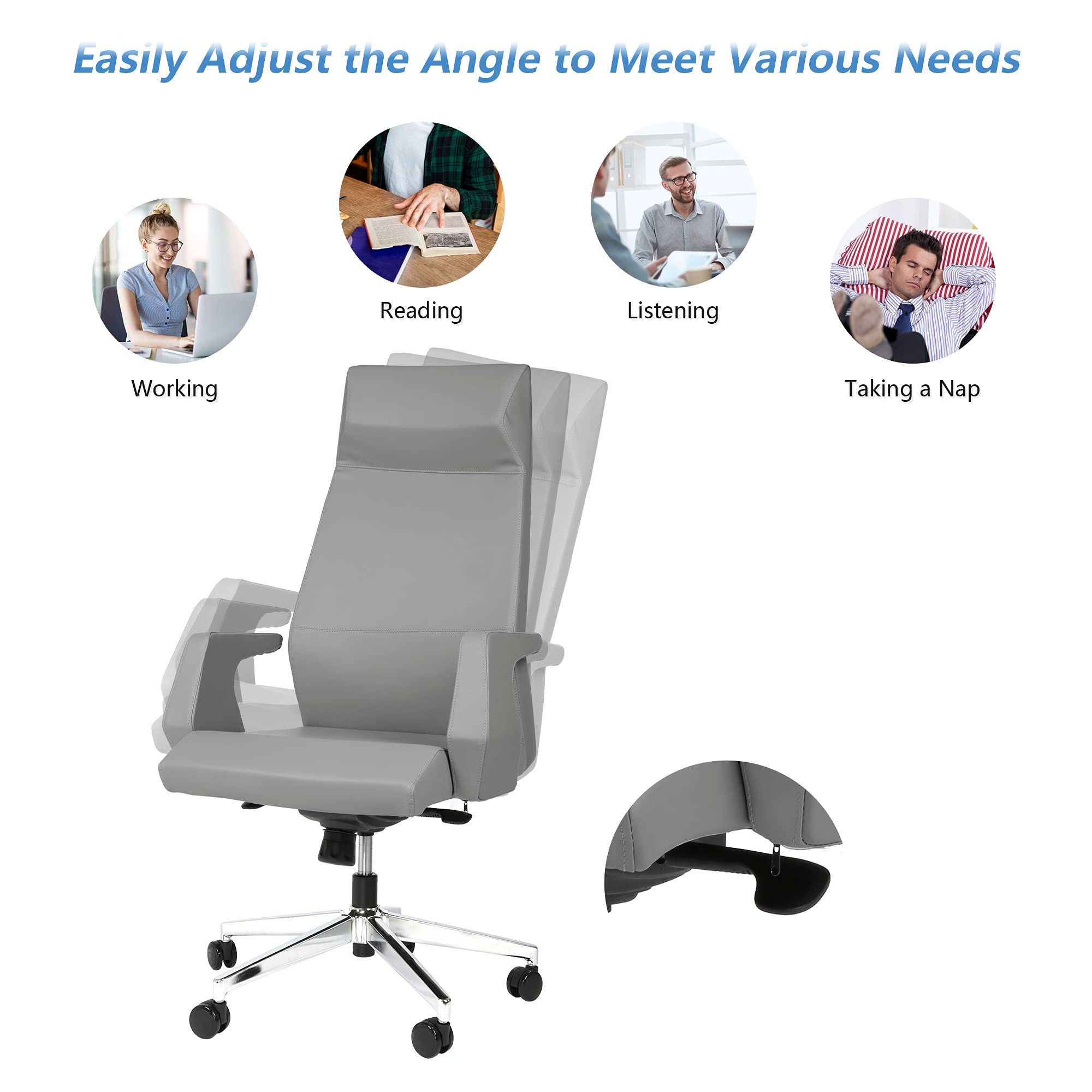 LUCKYERMORE Ergonomic High Back Office Chair - Adjustable Height Swivel PU Leather Desk Chair with Thick Cushion & Tilt Function, Easy Assembly, Grey - Perfect for Home Office, Gaming & Workspace Comfort