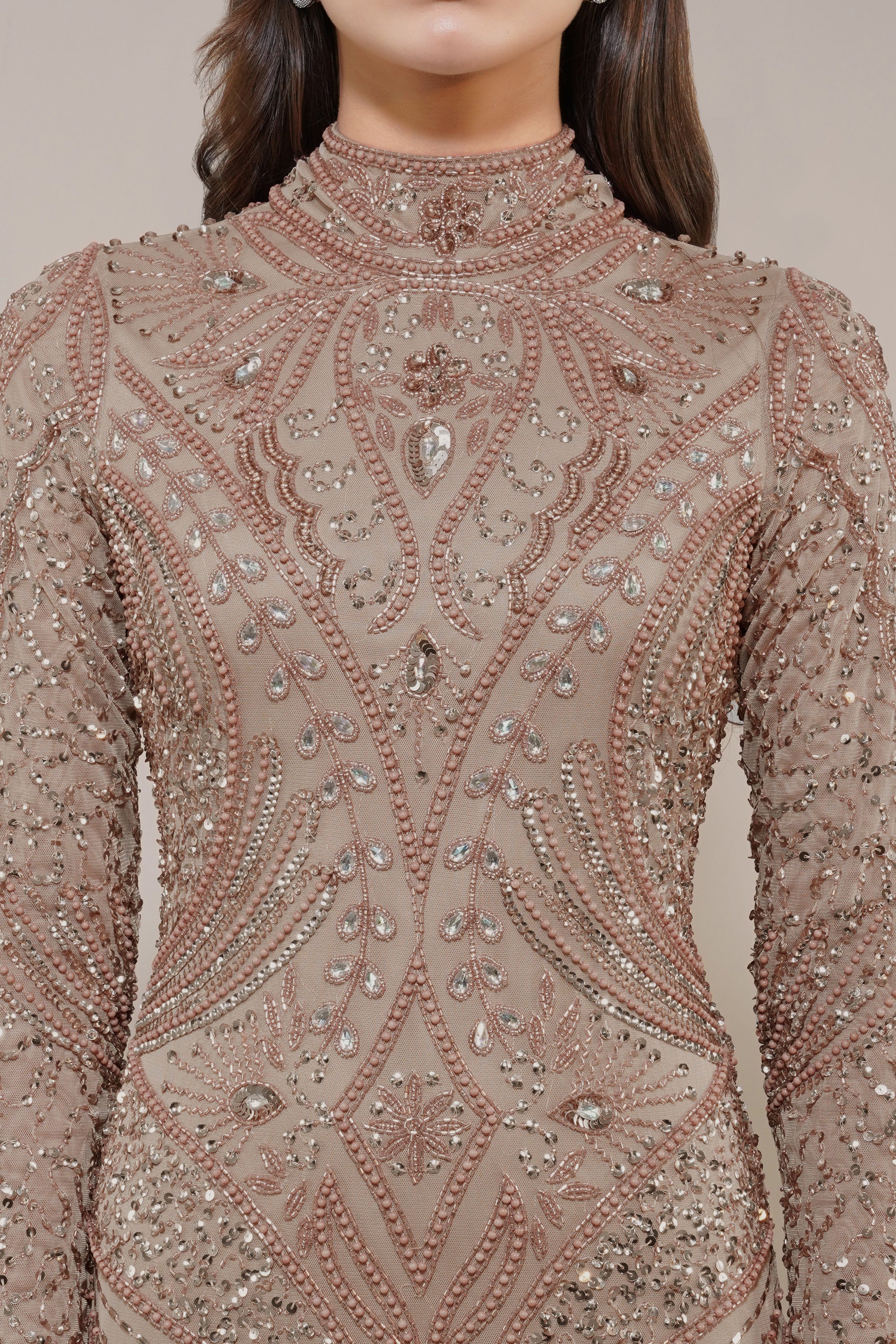 Elegant Lotus Embellished Maxi Dress in Taupe - Perfect for Weddings, Parties & Summer Vacations