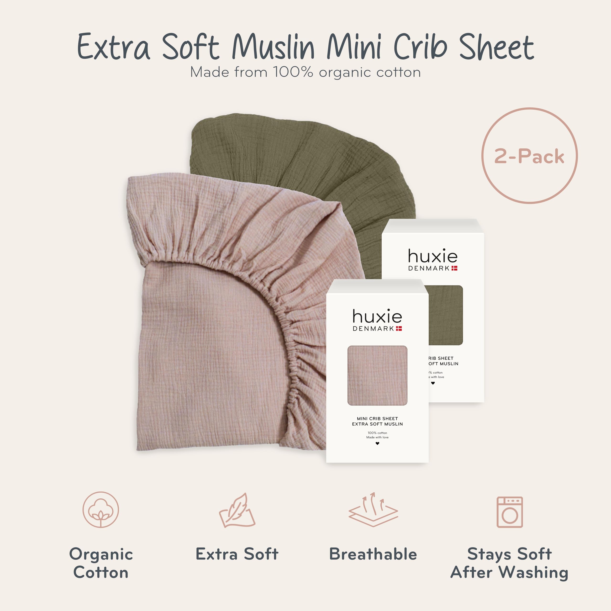 Huxie 100% Organic Muslin Mini Crib Sheets - Super Soft Baby Bedding 24