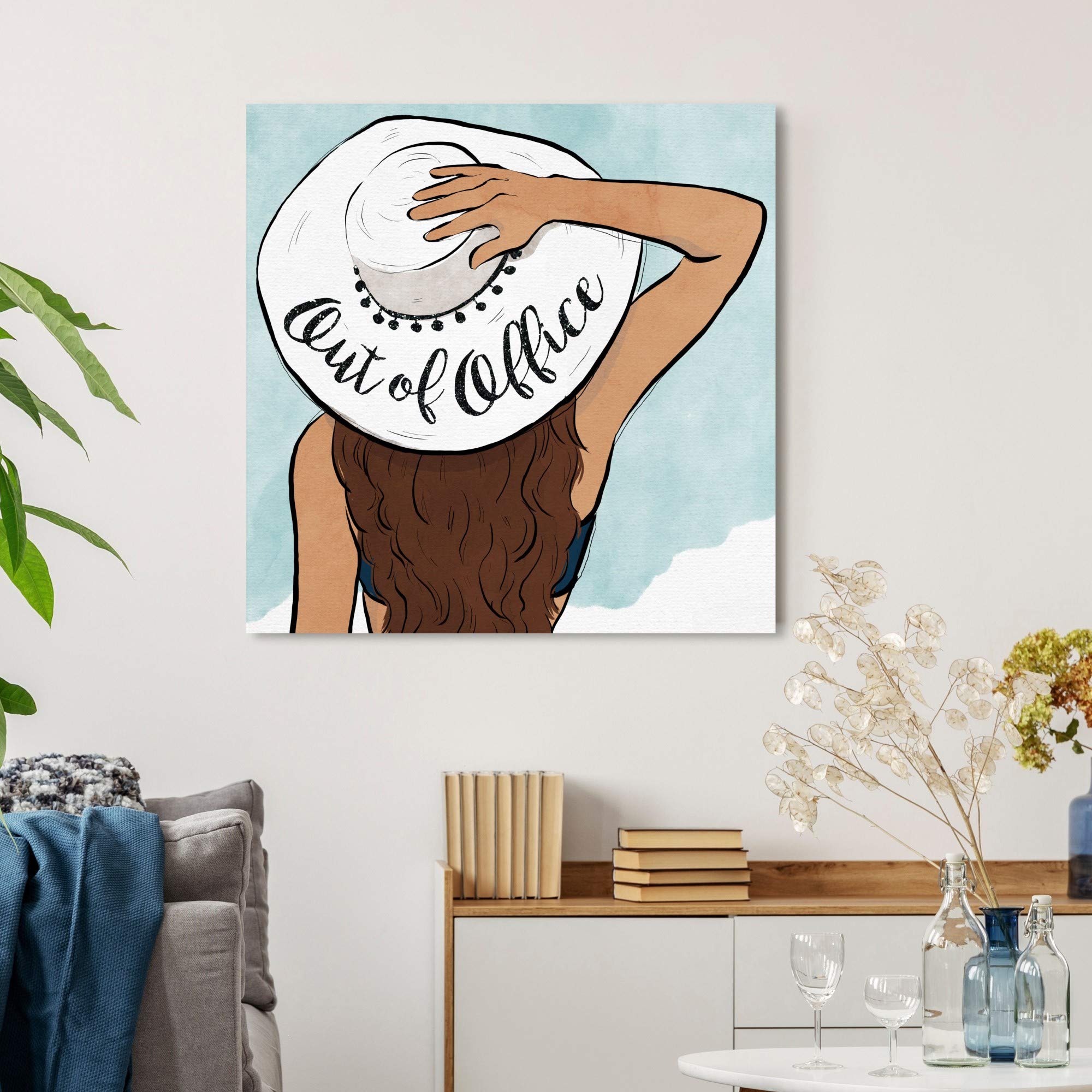 Oliver Gal Artist Co. 'Out of Office Sun Hat' Fashion Wall Art Canvas Print - 24x24 Inch Home Decor in White & Brown - Perfect for Living Room, Bedroom & Office Wall Decor
