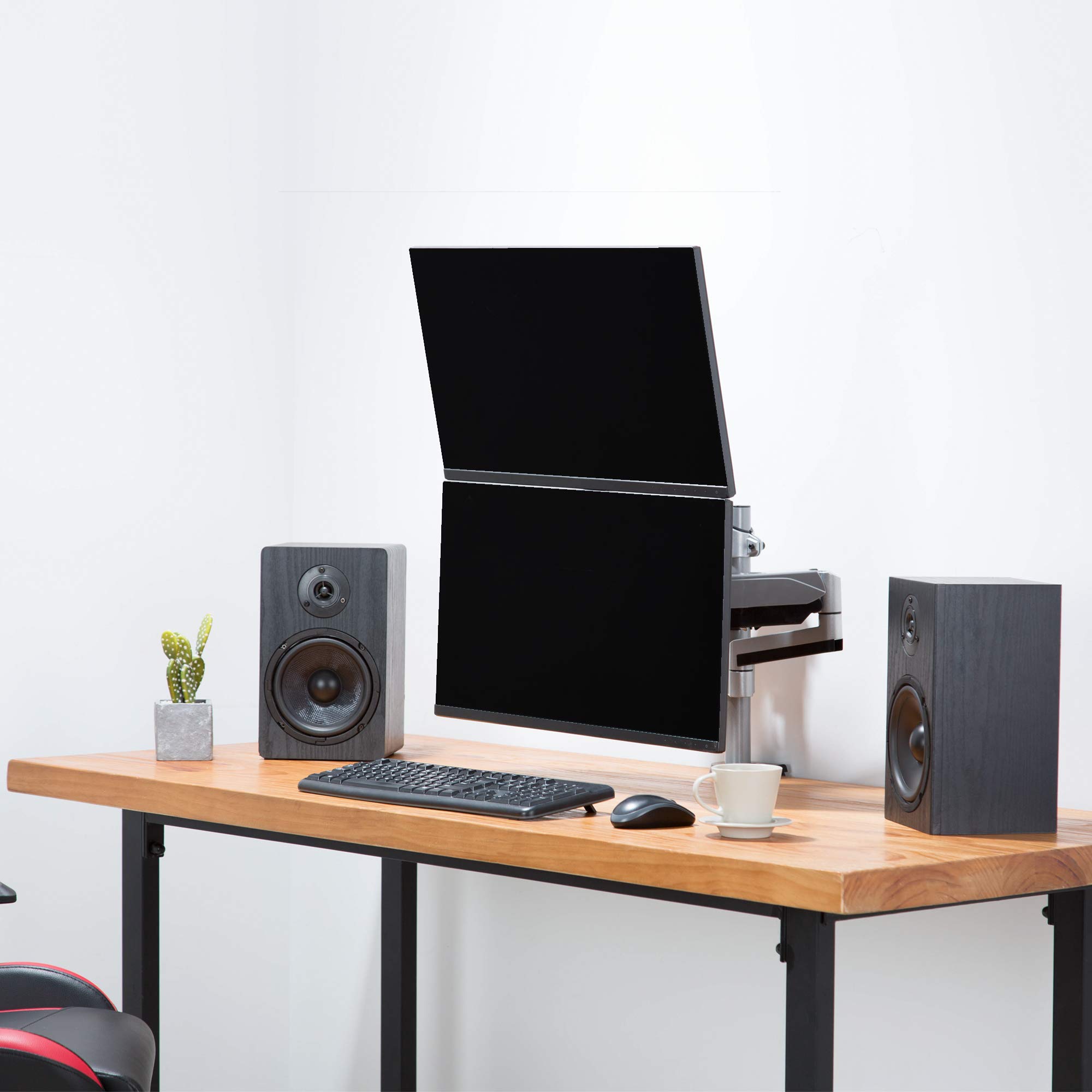 AVLT Dual 13-27 Inch Adjustable Monitor Arm for Two Flat or Curved Screens - Full Motion Height Swivel Tilt Rotation - VESA C-Clamp Grommet Mount with Cable Management - Perfect for Home Office Gaming and Workspace Setup