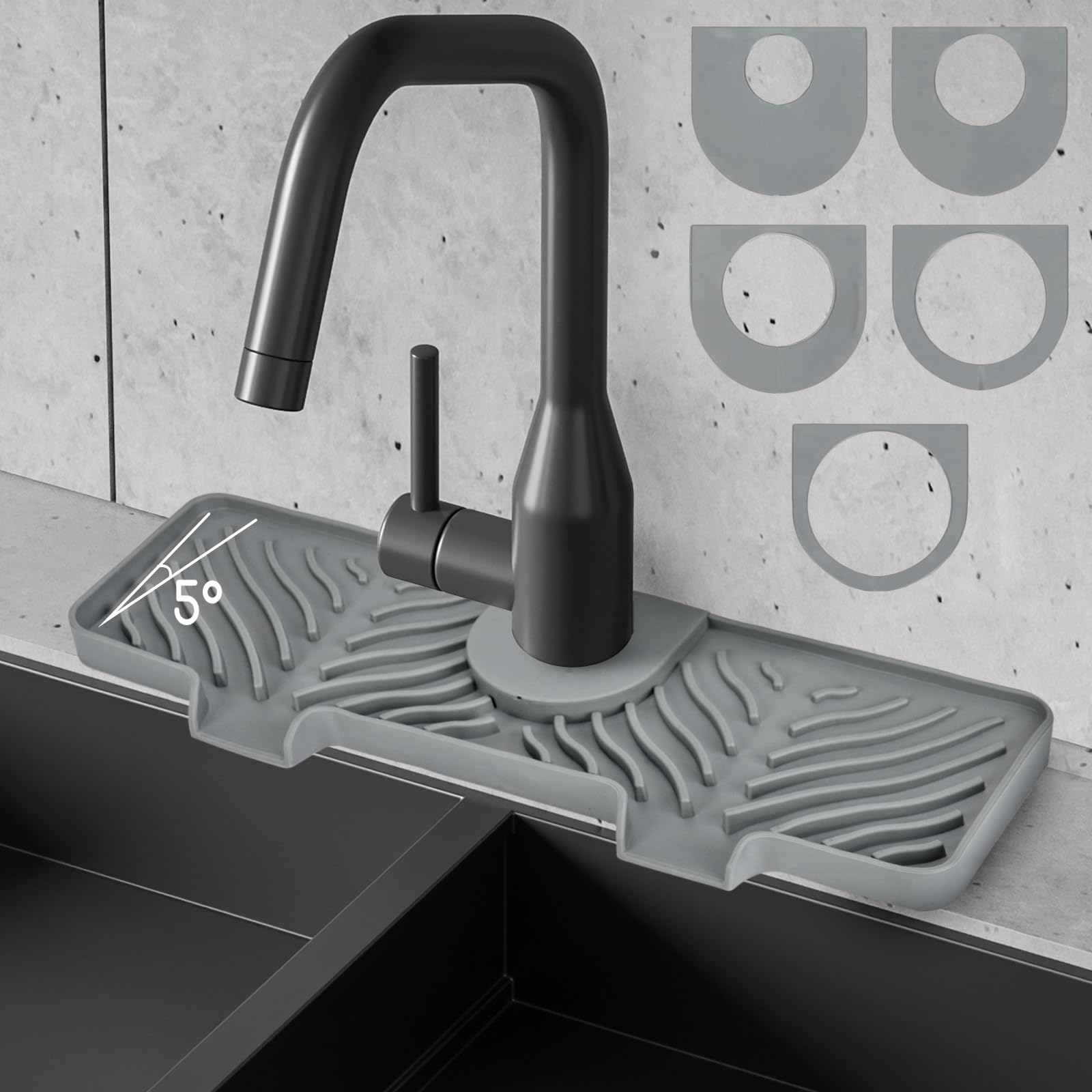 **Non-Slip Silicone Faucet Splash Guard - 15 Inch Kitchen Sink Protector with 5 Adjustable Rubber Rings, Light Gray Sink Mat for Water Splash Prevention - Perfect for Kitchen & Bathroom Sinks (Ideal for Washing Dishes, Brushing Teeth & Handwashing)**