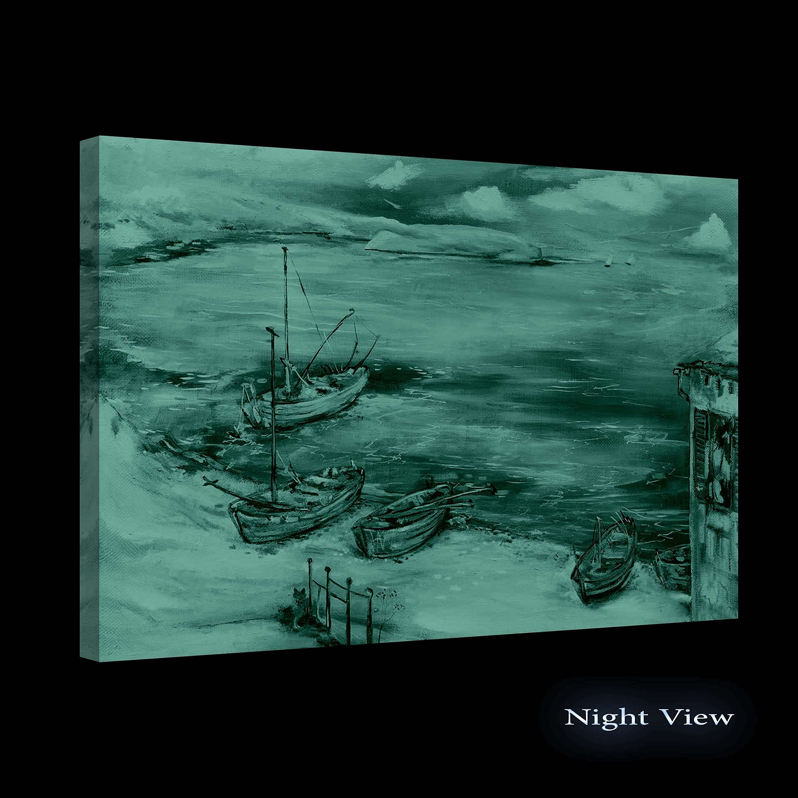 Blue Seascape Canvas Wall Art - 32x48 Inch Framed Beach Painting with Day & Night Luminous Effect - Modern Coastal Decor for Living Room, Bedroom & Office