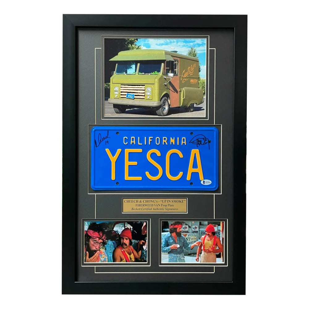 Cheech & Chong Signed 'Up in Smoke' Movie Car License Plate Framed Collage - Authentic Memorabilia for BAS Auto & Cannabis Enthusiasts - Perfect for Man Cave, Home Theater Decor & Collector Displays