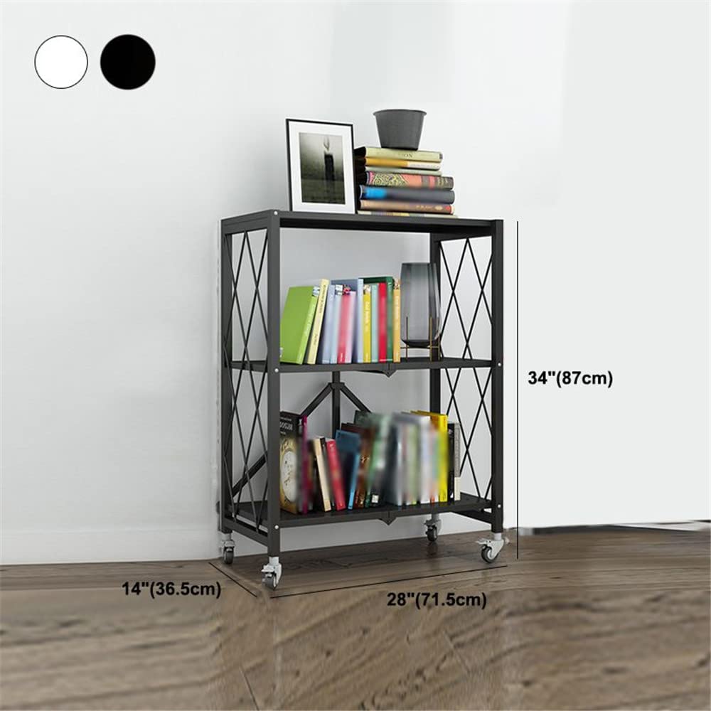 3-Tier Foldable Metal Storage Shelf with Wheels - Heavy Duty Freestanding Shelving Unit for Kitchen, Pantry, Closet & Garage Organization - White (28