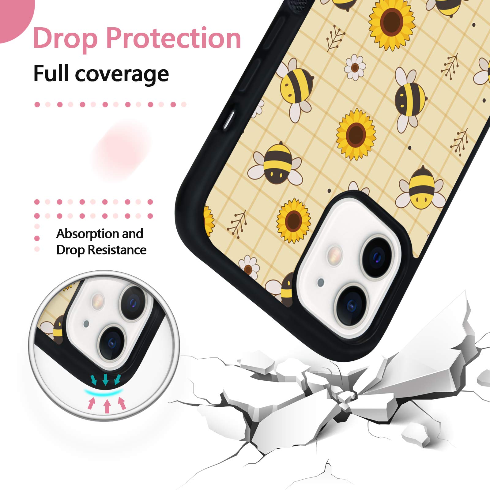 FANXI Shockproof Cute Yellow Bee Phone Case for iPhone 12/12 Pro 6.1 Inch - Protective Durable Cover for Women, Men, Boys & Girls - Perfect for Outdoor Activities, School & Daily Use