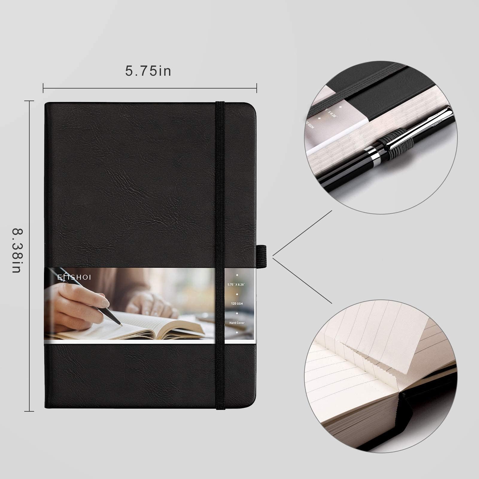 Premium EMSHOI Lined Journal Notebook - 120gsm Thick Leather Hardcover Writing Journal with Sticky Notes, 256 Numbered Pages A5 College Ruled Notebook for Women & Men - Perfect for Work, School, Creative Writing & Note Taking (5.75