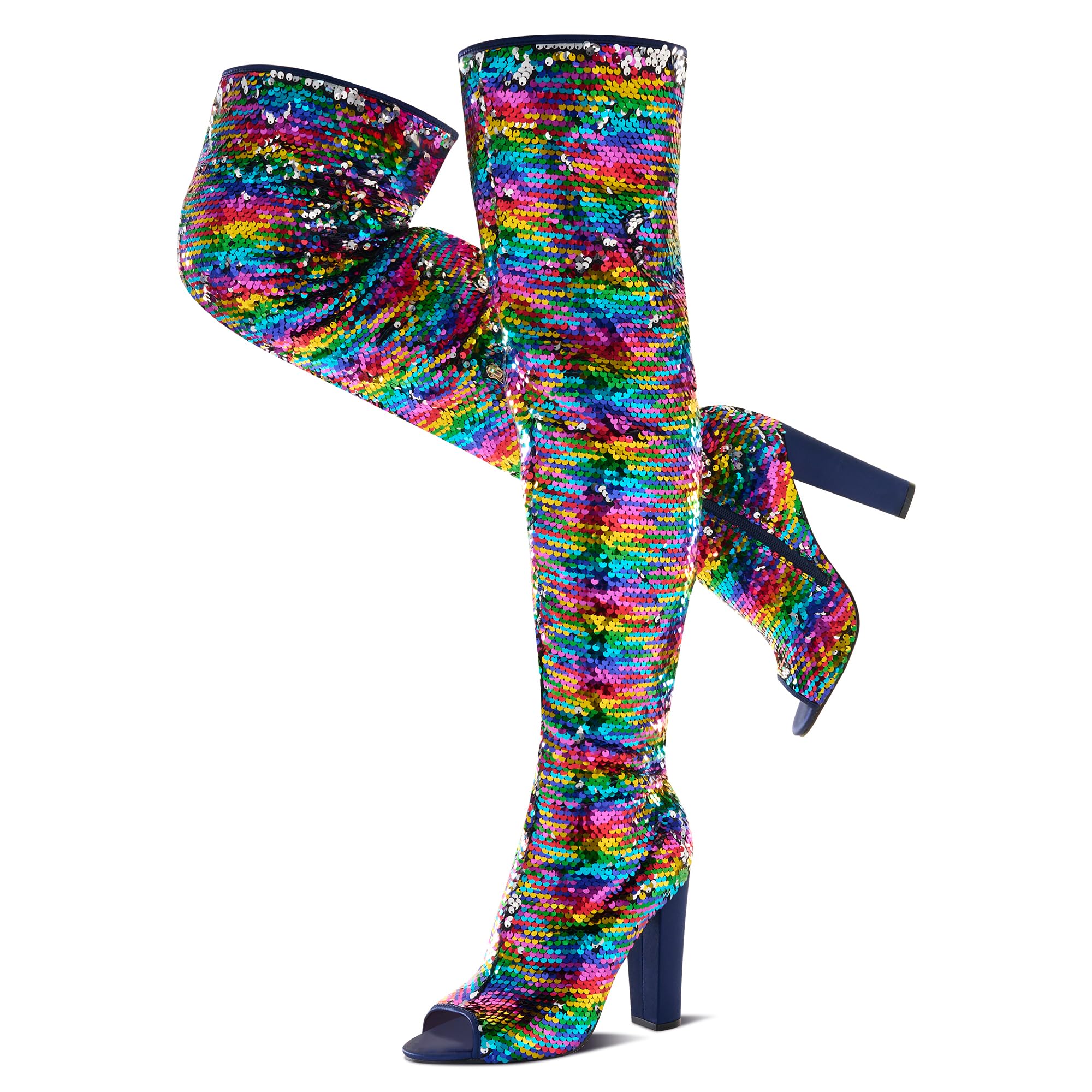 Sparkly Thigh High Boots for Women - Sexy Sequin Over The Knee Party Boots with Open Toe & Chunky Heels | Perfect for Prom, Night Out & Special Occasions