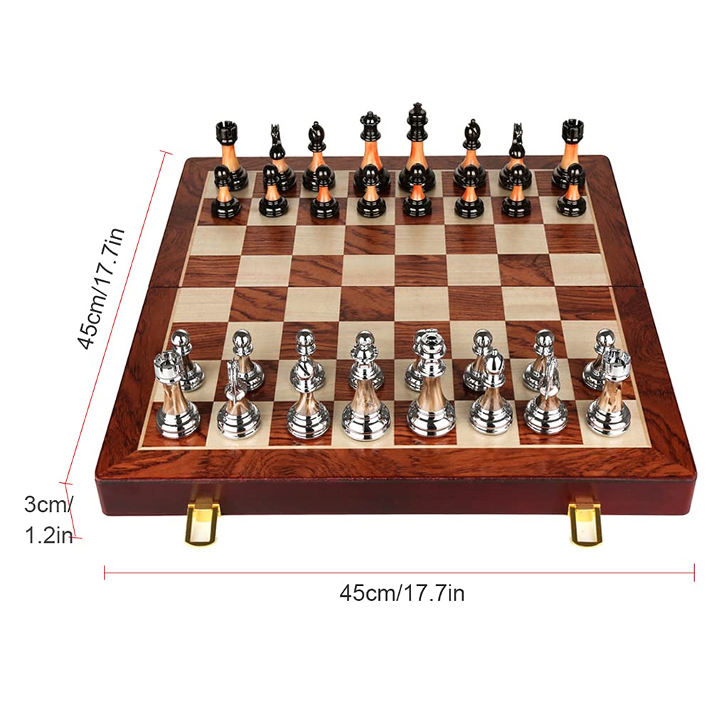 Premium Wooden Folding Chess Set with Retro Metal Alloy Pieces - Portable Travel Board Game for Adults & Kids | Perfect Gift for Chess Lovers, Family Game Nights & Office Decor