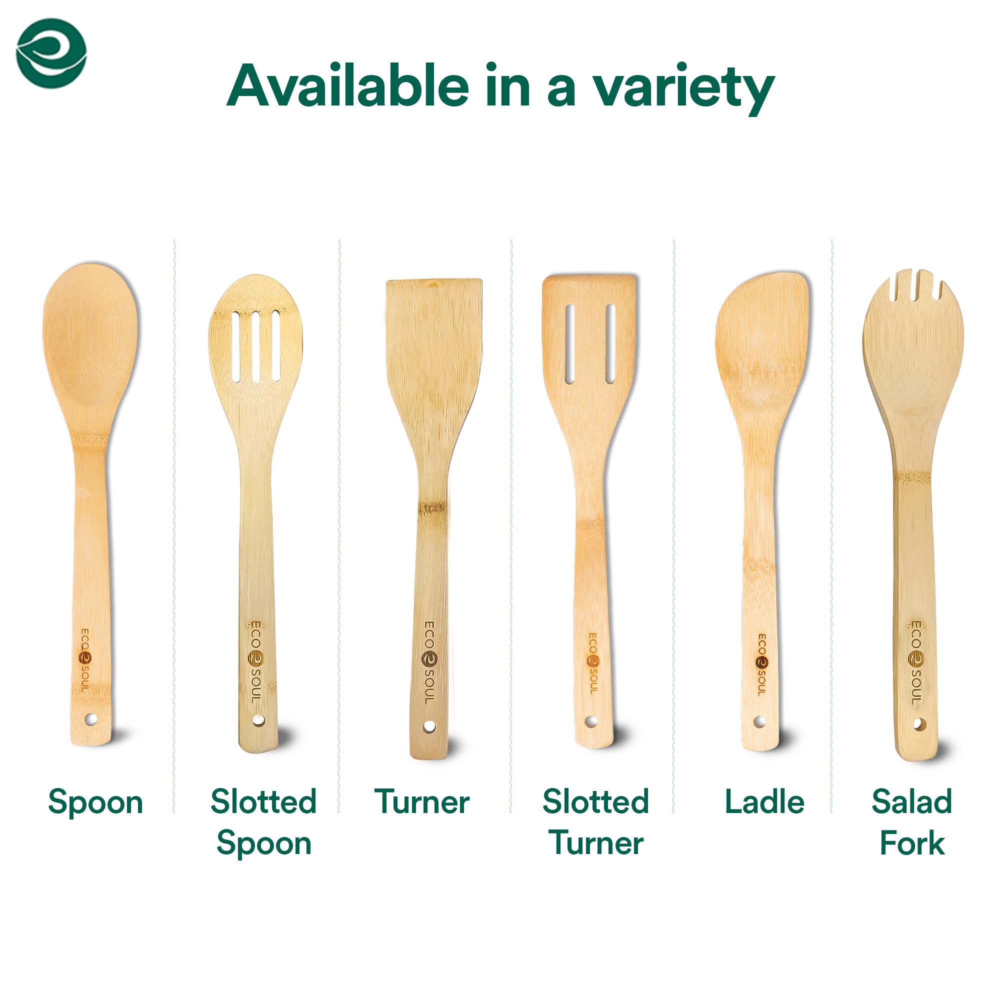 ECO SOUL [Set of 6] Bamboo Cooking Utensils - Non-Stick Wooden Spoons, Ladles & Turners for Kitchen | USDA Certified 30cm Bamboo Wooden Kitchen Tools | Perfect for Cooking, Serving, Mixing & Healthy Meal Prep
