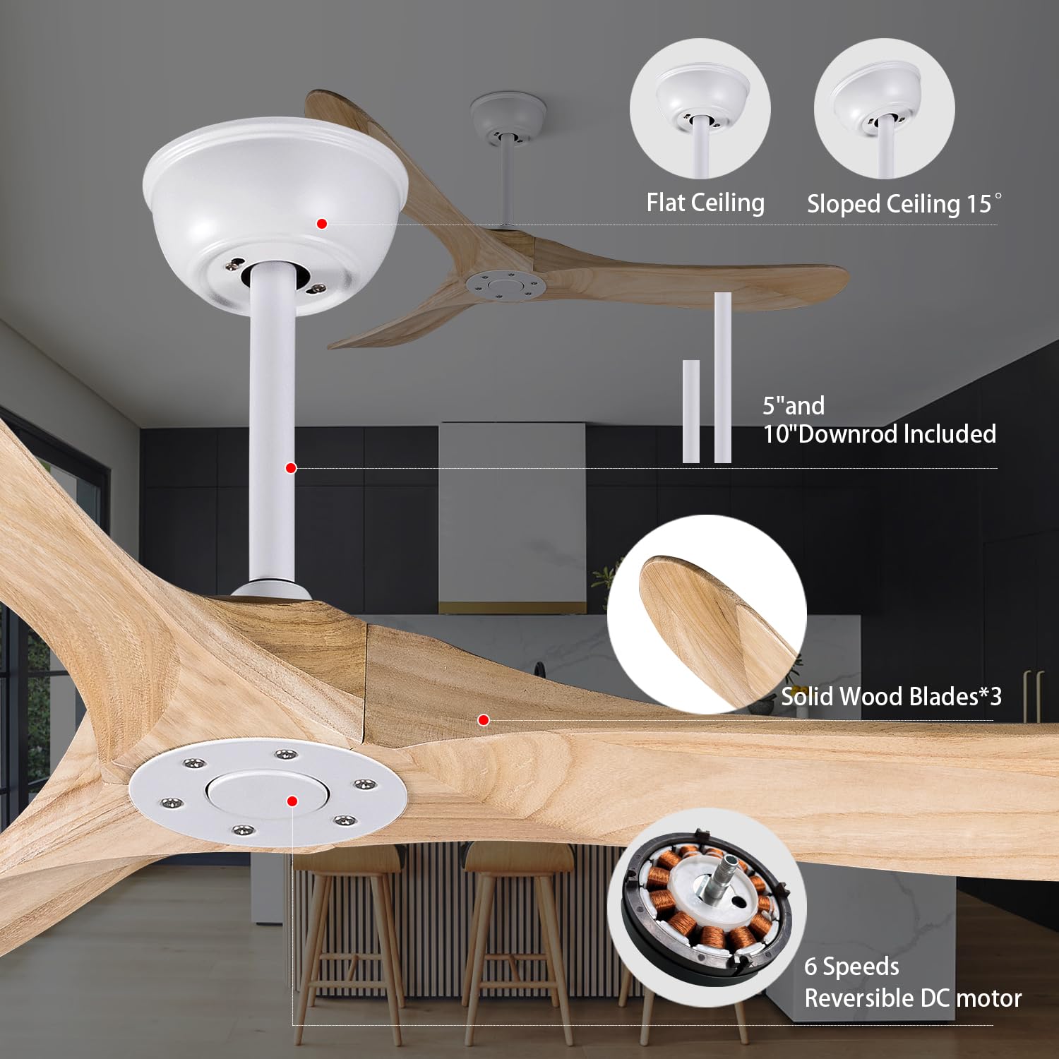 Bigzone 52 Inch Modern Ceiling Fan Without Light - DC Motor Energy Efficient Ceiling Fan - 3 Solid Wood Blades - Remote Control - Reversible Blades - Indoor/Outdoor Use for Patio, Bedroom, Living Room, Porch
