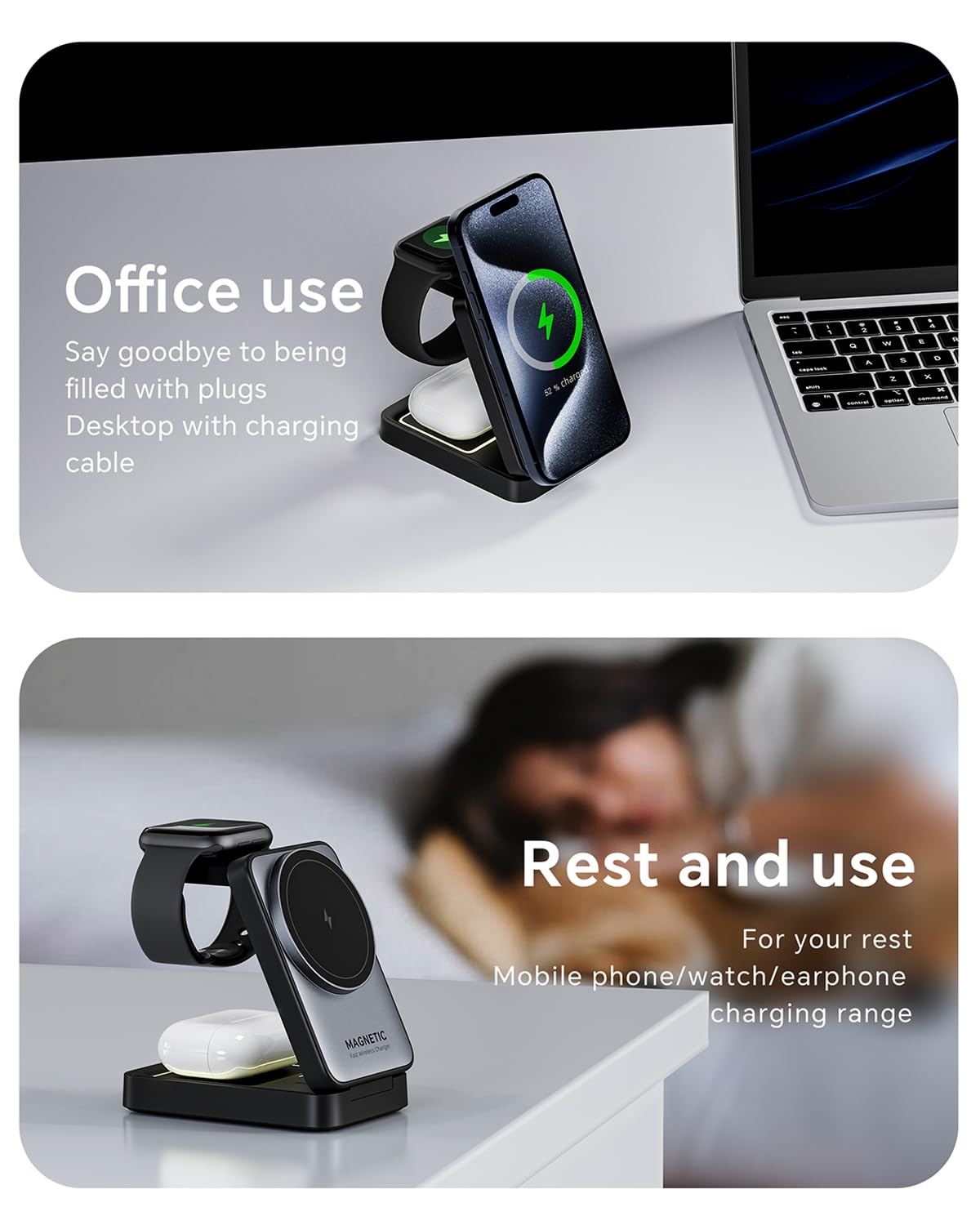 2024 Upgraded 3-in-1 Magnetic Wireless Charging Station - Foldable Travel Charger with Night Light for iPhone 16/15/14/13/12, Apple Watch & AirPods | Magsafe Compatible | Perfect for Bedside, Office & Travel Use