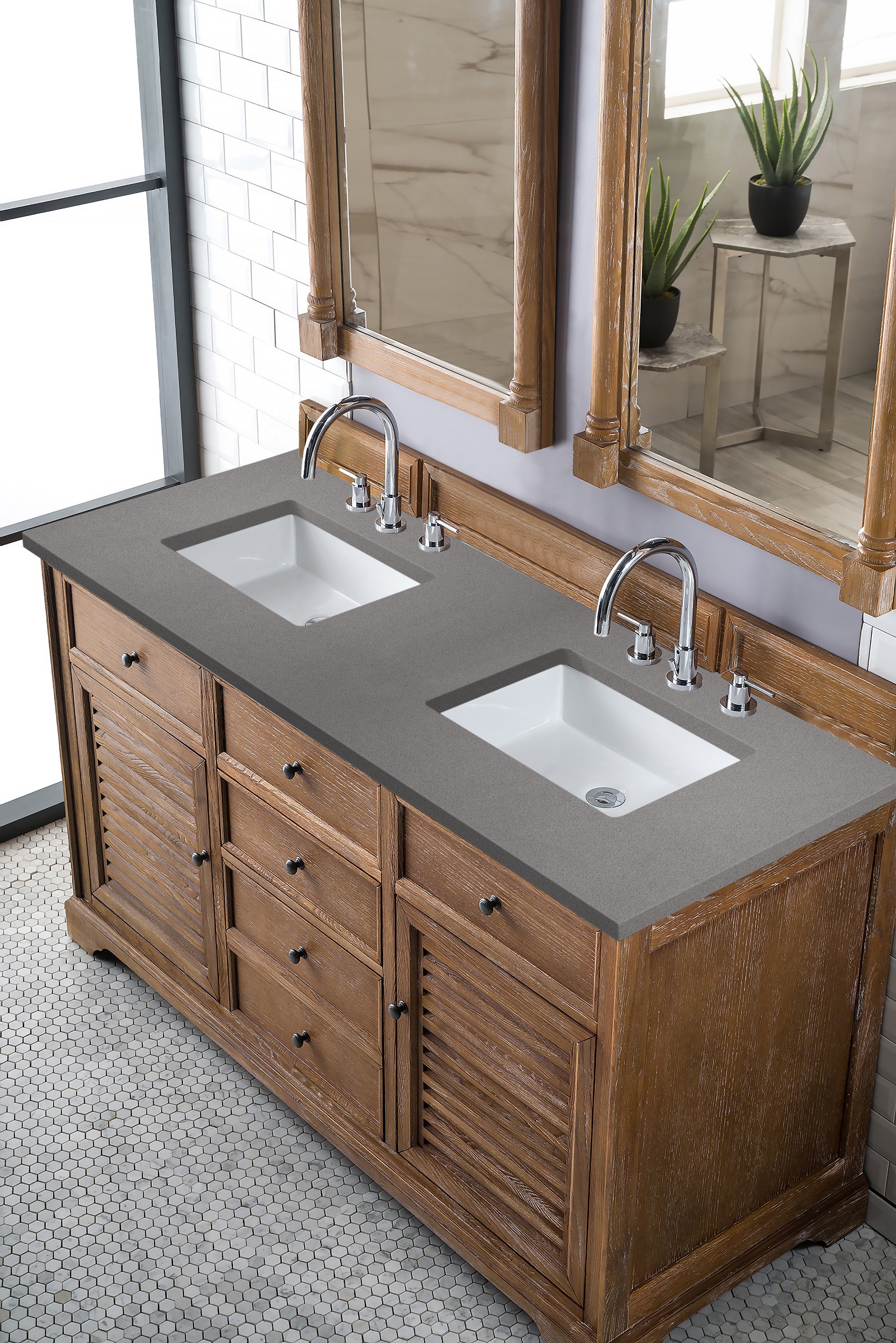 Savannah 60-Inch Double Vanity Cabinet in Driftwood Finish with 3CM Gray Expo Quartz Countertop - Perfect for Master Bathroom Renovation and Modern Home Decor