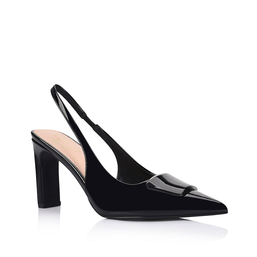 Konga Women's Slingback Block Heel Shoes - Black Patent Leather Comfortable Pumps for Work, Party & Wedding (Perfect for Office, Date Night & Special Occasions)
