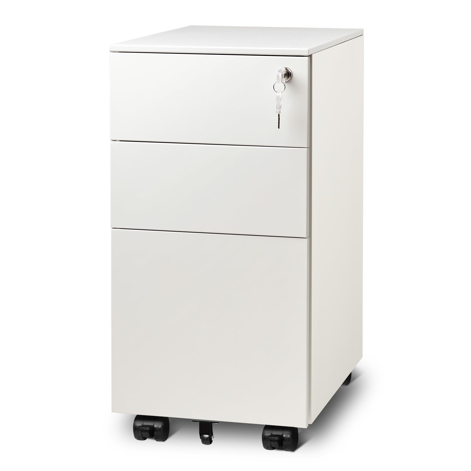 DEVAISE White 3-Drawer File Cabinet - Slim Under Desk Storage Organizer for Home Office, Rolling File Cabinet with Lock (11.8 Inch) - Perfect for Small Spaces & Document Organization