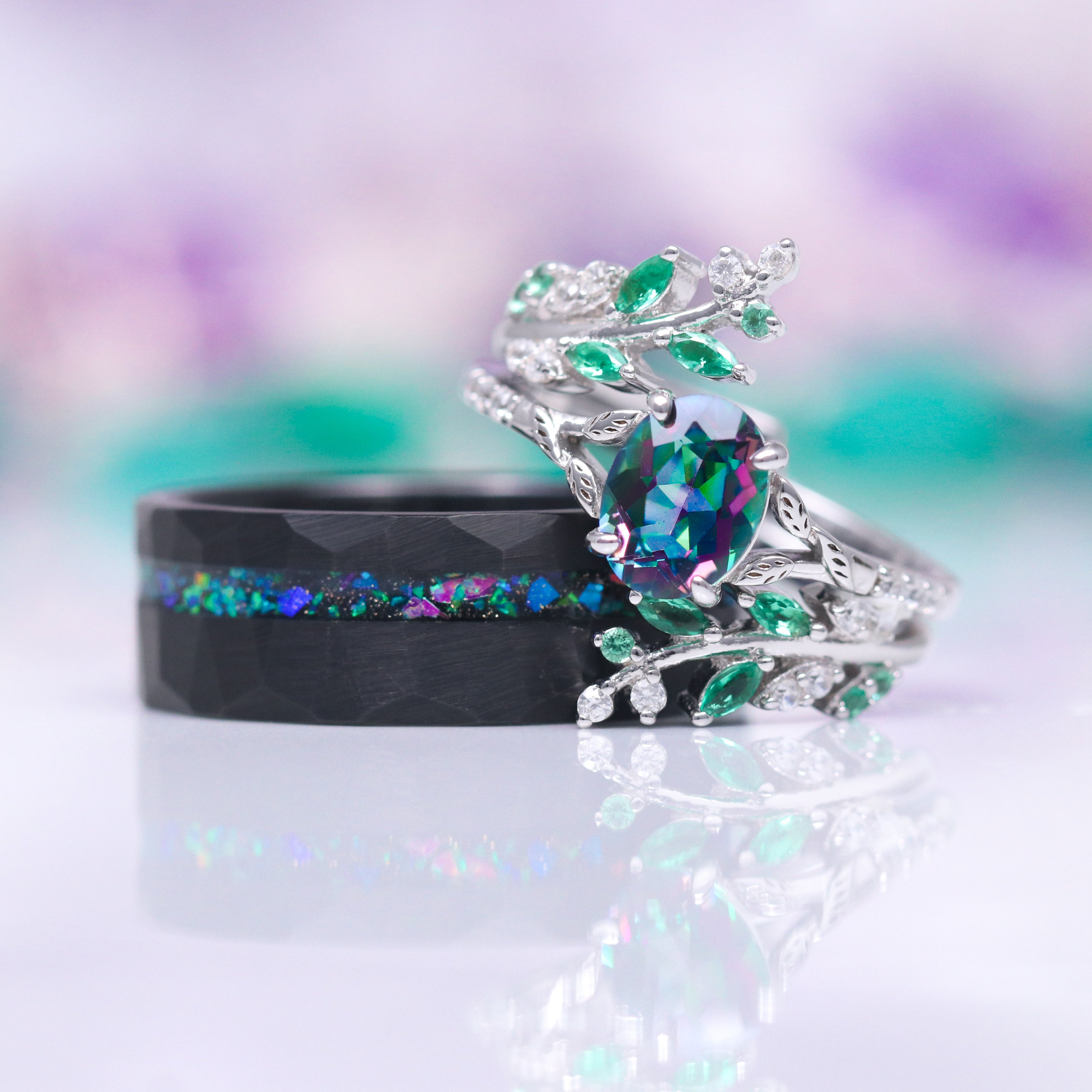 Mystic Topaz & Emerald Fairy Leaf Ring Set - Sterling Silver Jewelry for Women, Nature-Inspired Leaf Design Rings, Perfect for Weddings, Parties & Everyday Wear