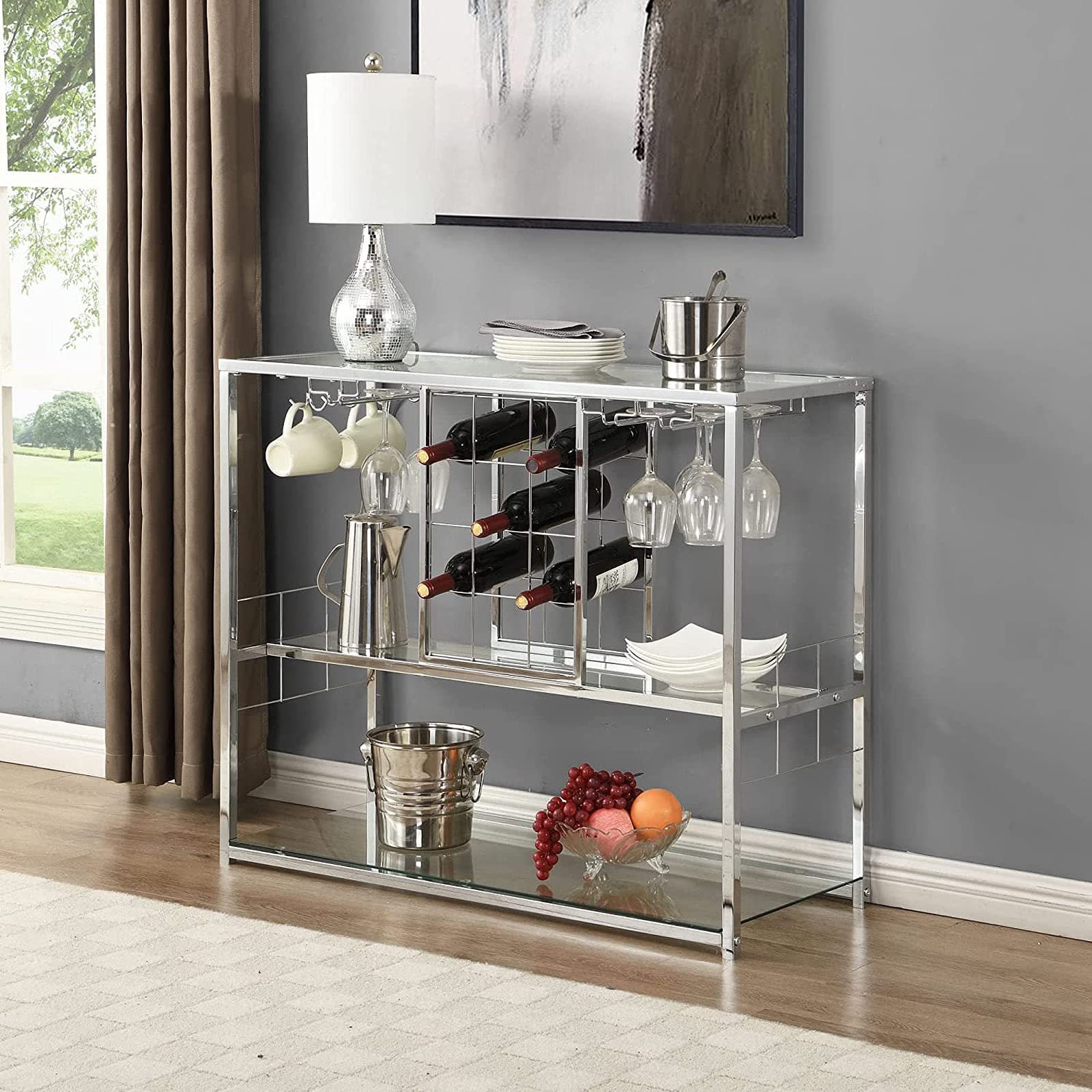 Modern Metal Wine Bar Cabinet with Glass Holder & 12-Bottle Storage - Wine Rack Table with Glass Shelves for Home, Kitchen & Dining Room - Perfect for Entertaining, Wine Display & Organized Liquor Storage