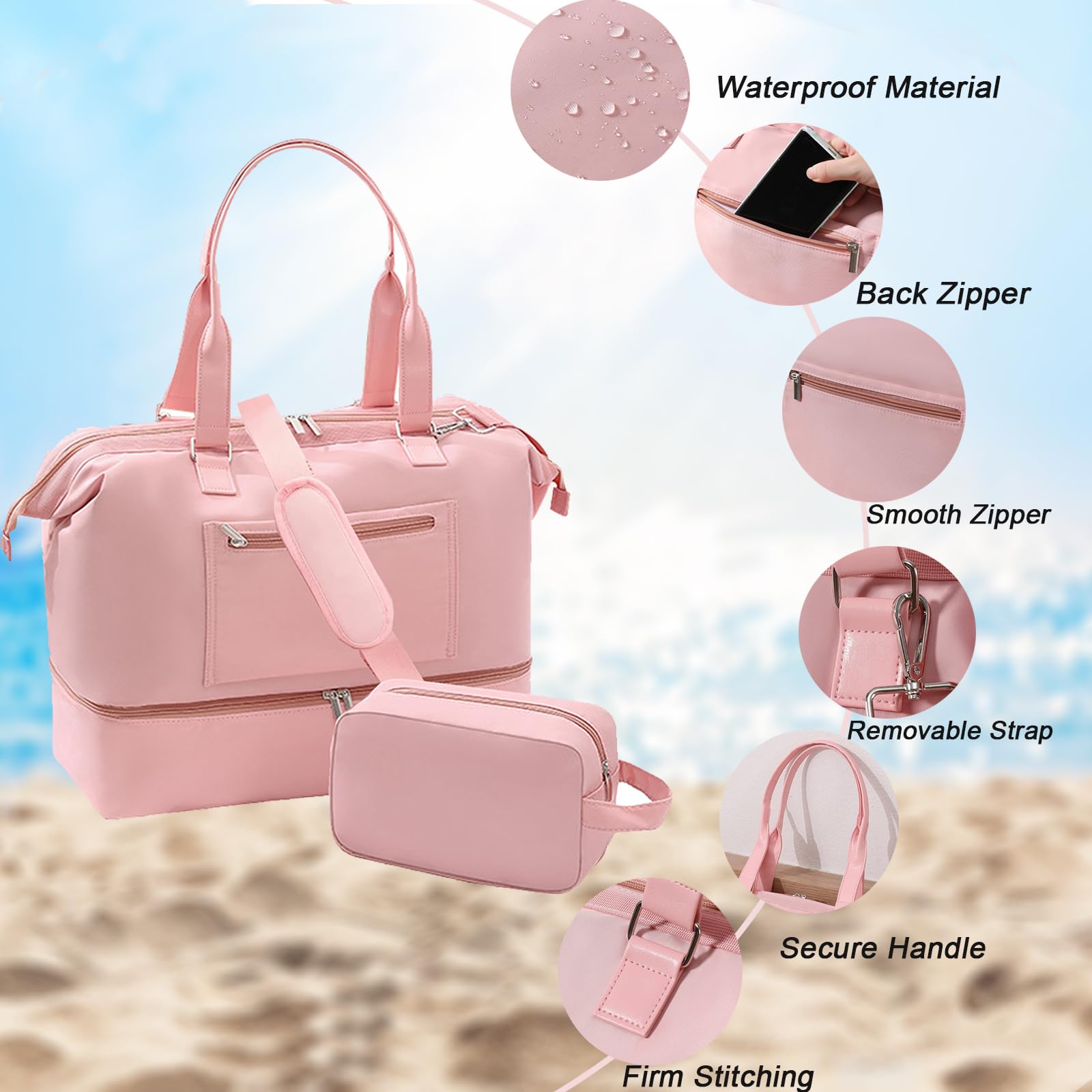 Waterproof Travel Duffle Bag for Women - Large Weekender Overnight Bag with Toiletry Pouch | Gym, Hospital, Maternity & Weekend Getaway Carry-On Shoulder Tote - Pink