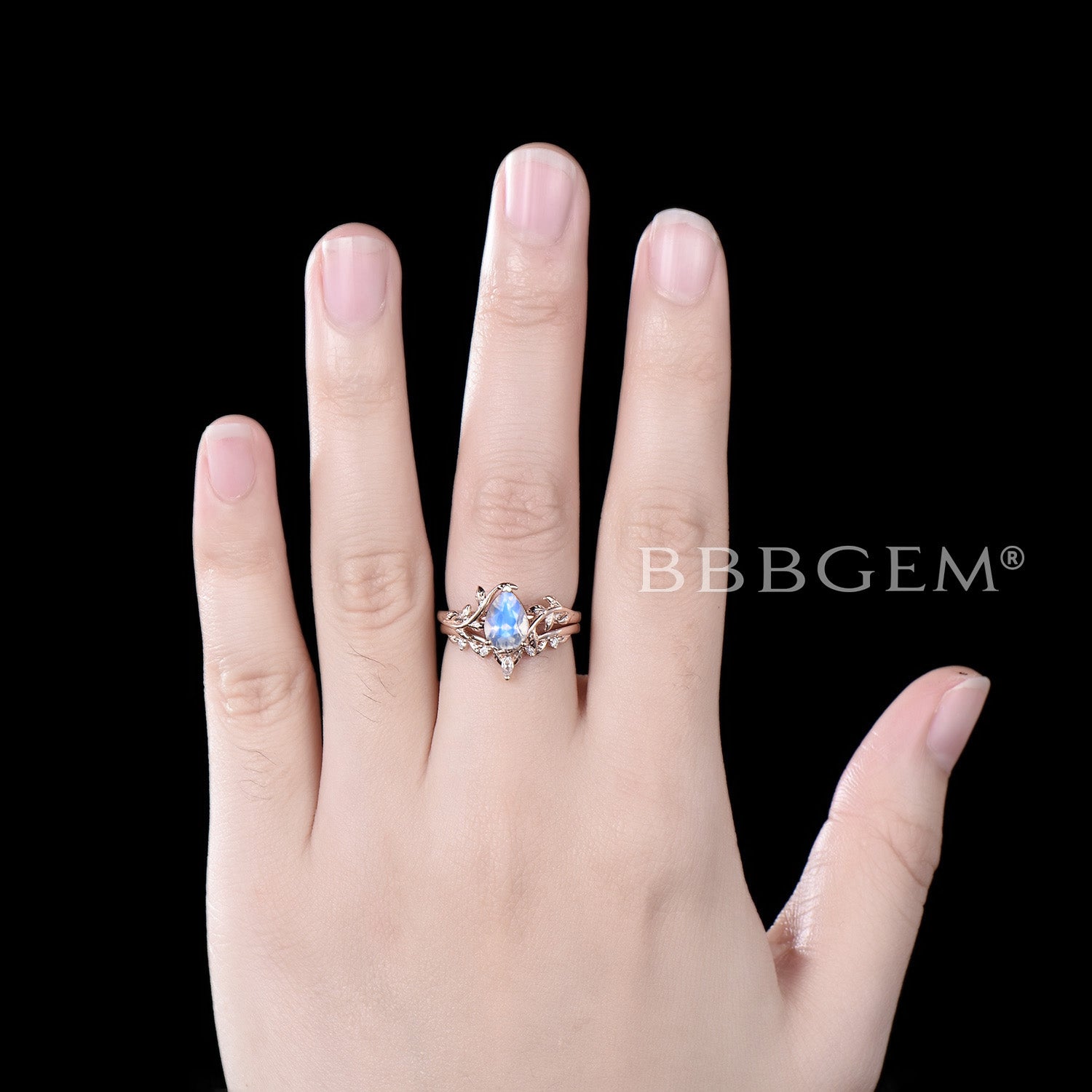 Pear Natural Moonstone Bridal Set Leaf Vine Diamond Engagement Ring - Elegant Wedding Jewelry for Brides, Proposals & Anniversary Gifts
