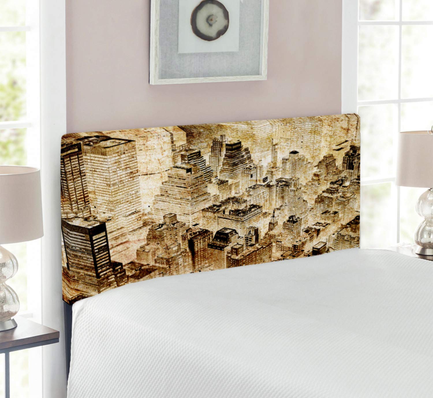 Ambesonne Vintage Upholstered Headboard - Twin Size Yellow Metal Bed Headboard with Memory Foam | USA City Skyline Night View Photo Design | Perfect for Bedroom Decor & Cozy Home Atmosphere