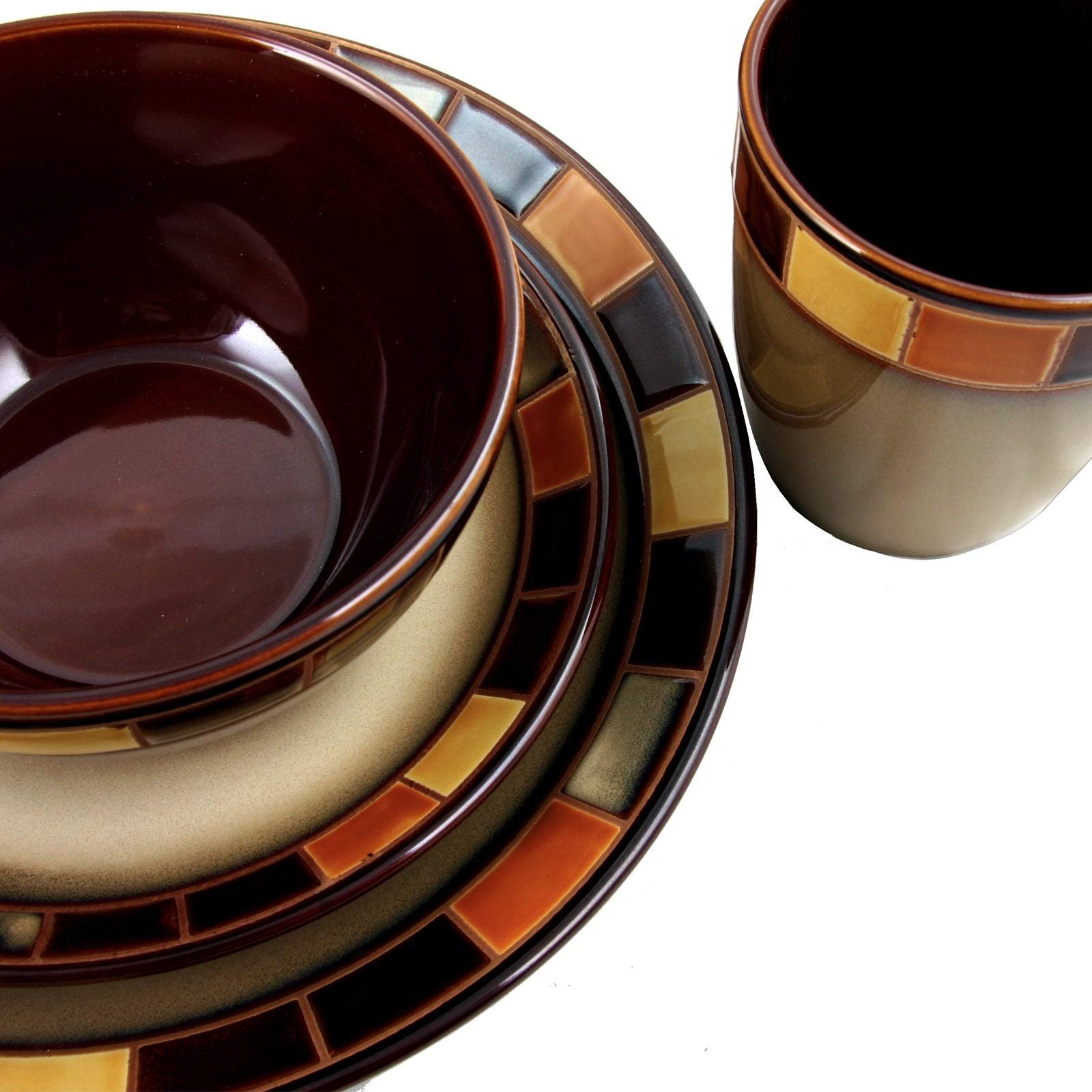 16-Piece Beige Banded Casual Dinnerware Set - Microwave & Dishwasher Safe Stoneware Plates & Bowls for Everyday Dining, Family Gatherings & Entertaining