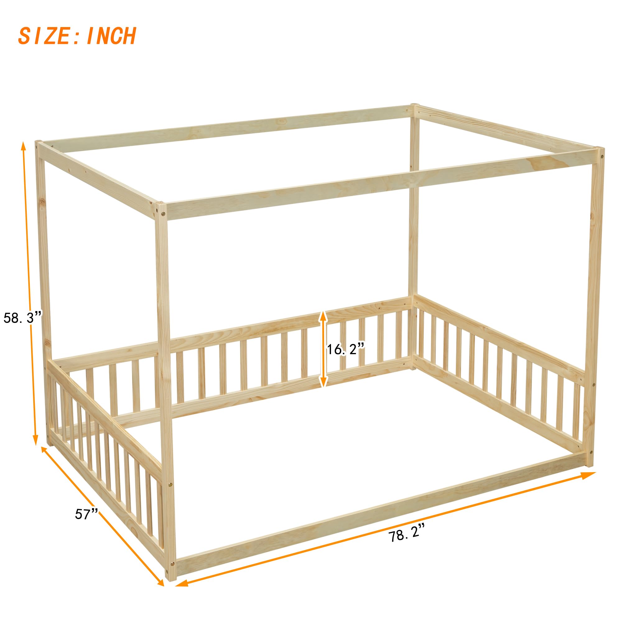 Montessori Full Size Canopy Bed Frame with Guardrails for Kids - Solid Wood Four Poster Floor Bed for Girls & Boys (Natural Finish) | Safe Toddler Bedroom Furniture for Playrooms & Montessori Learning Spaces